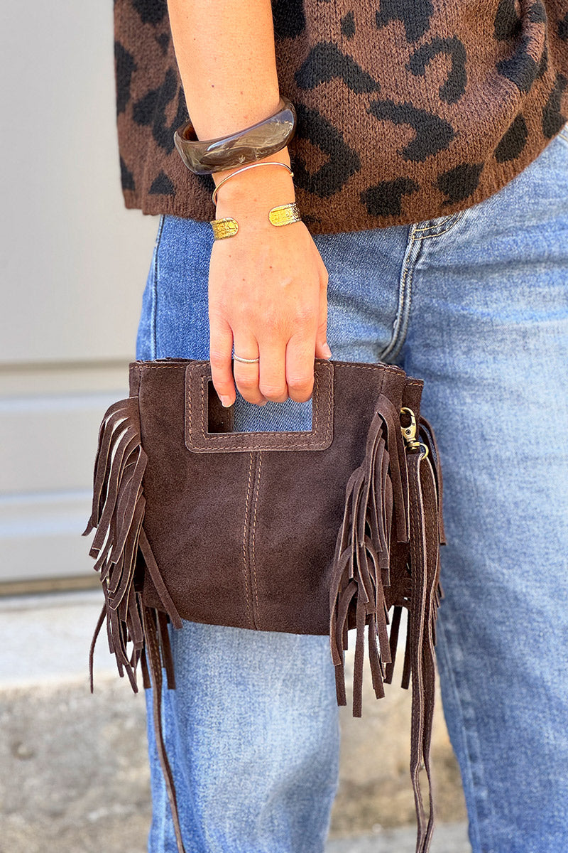 Brown chocolate Suede Fringe Bag