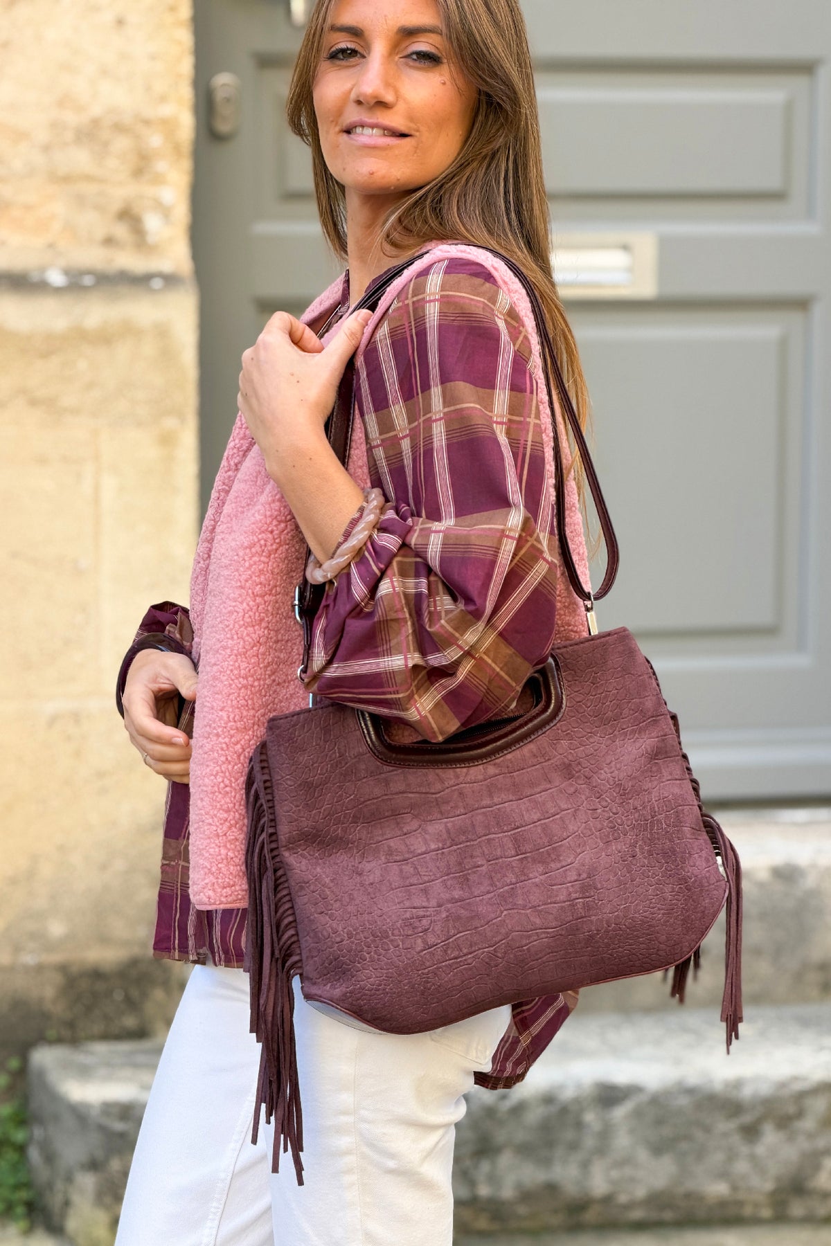 Aubergine Suedette Oversized Clutch with Tassels