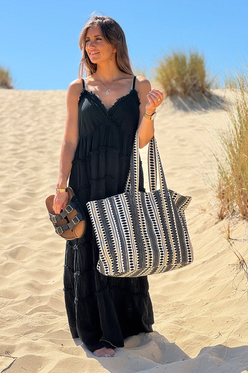 Bolso tote de algodón con efecto piqué y bordados en negro y dorado