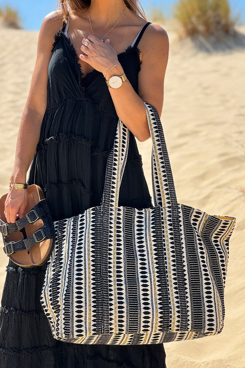 Bolso tote de algodón con efecto piqué y bordados en negro y dorado