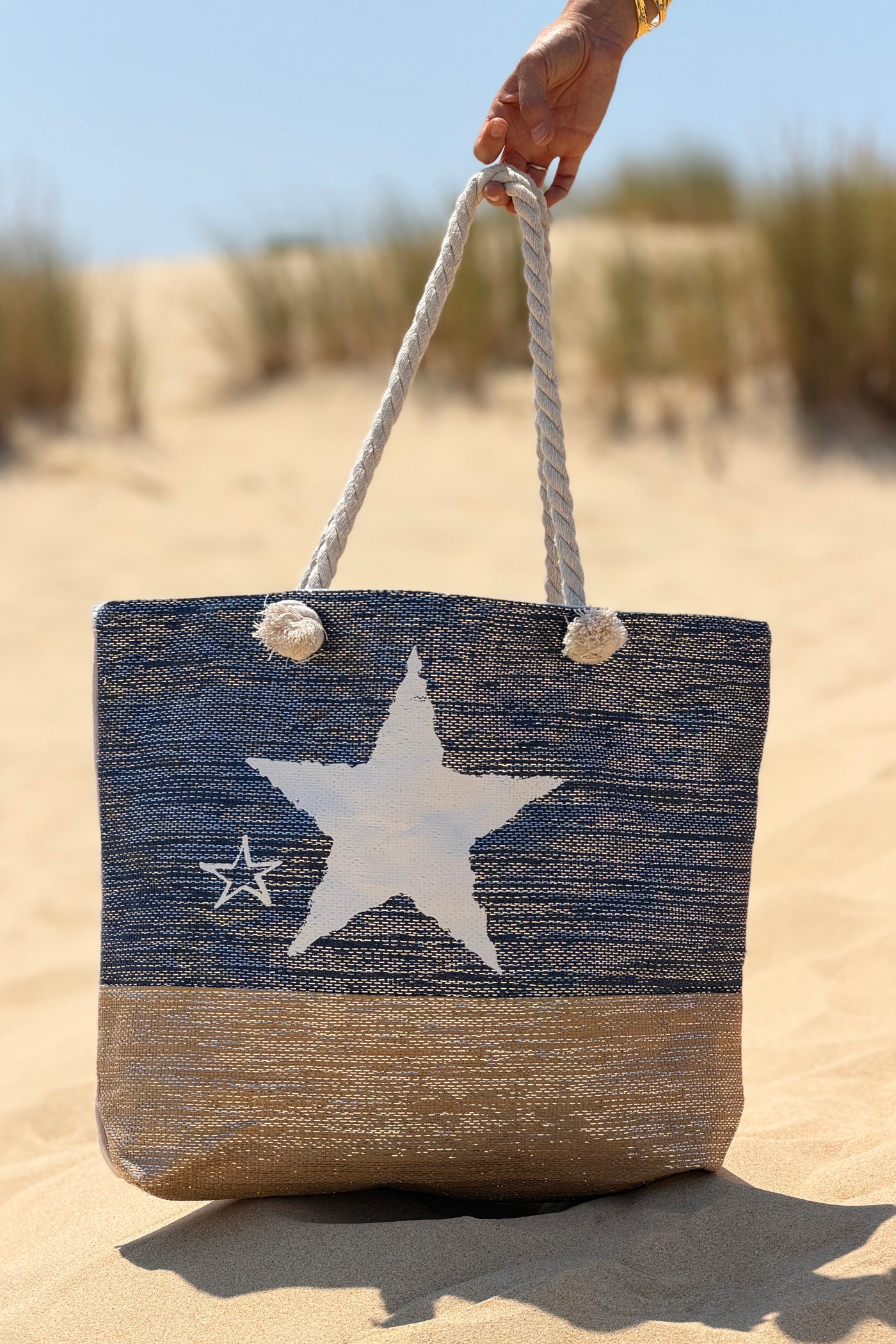 Navy Beach Star Woven Tote
