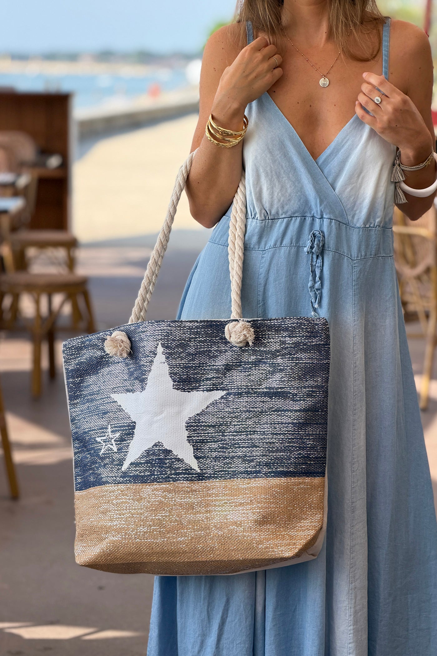 Navy Beach Star Woven Tote
