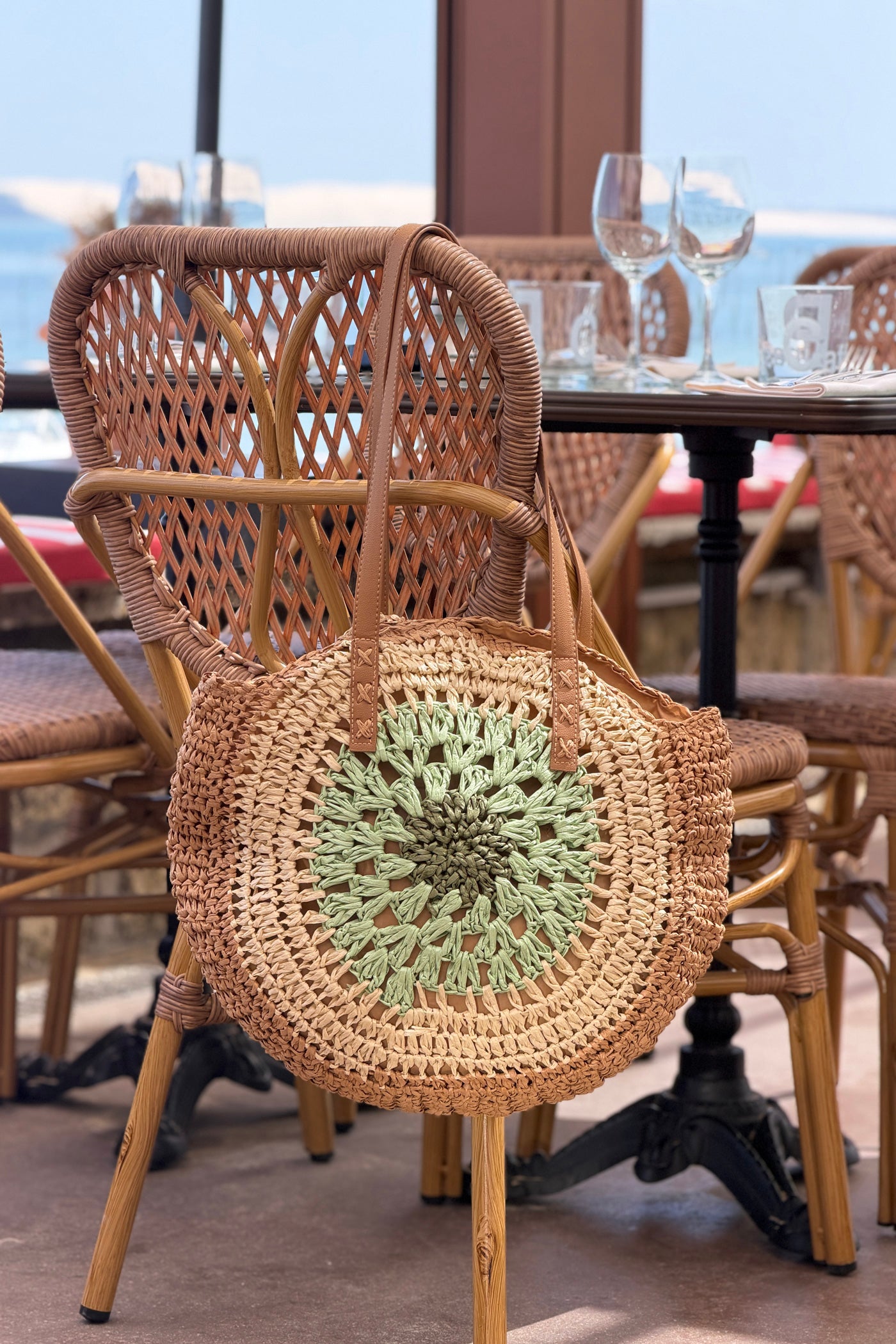 Sage green Raffia Circular Beach Purse