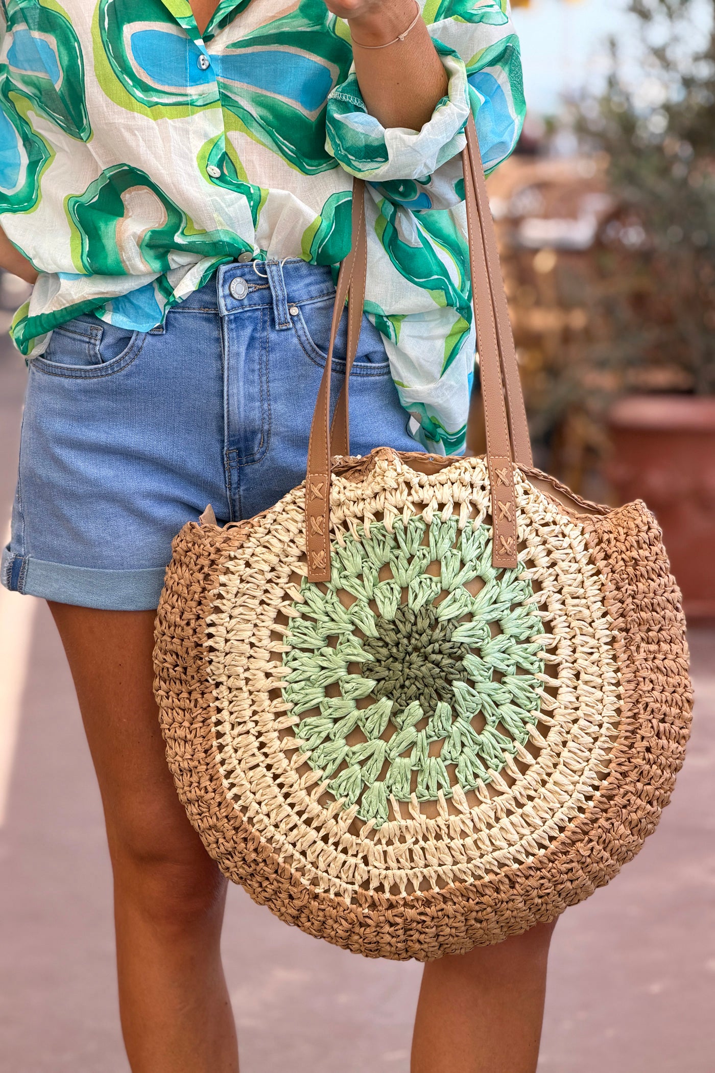 Sage green Raffia Circular Beach Purse