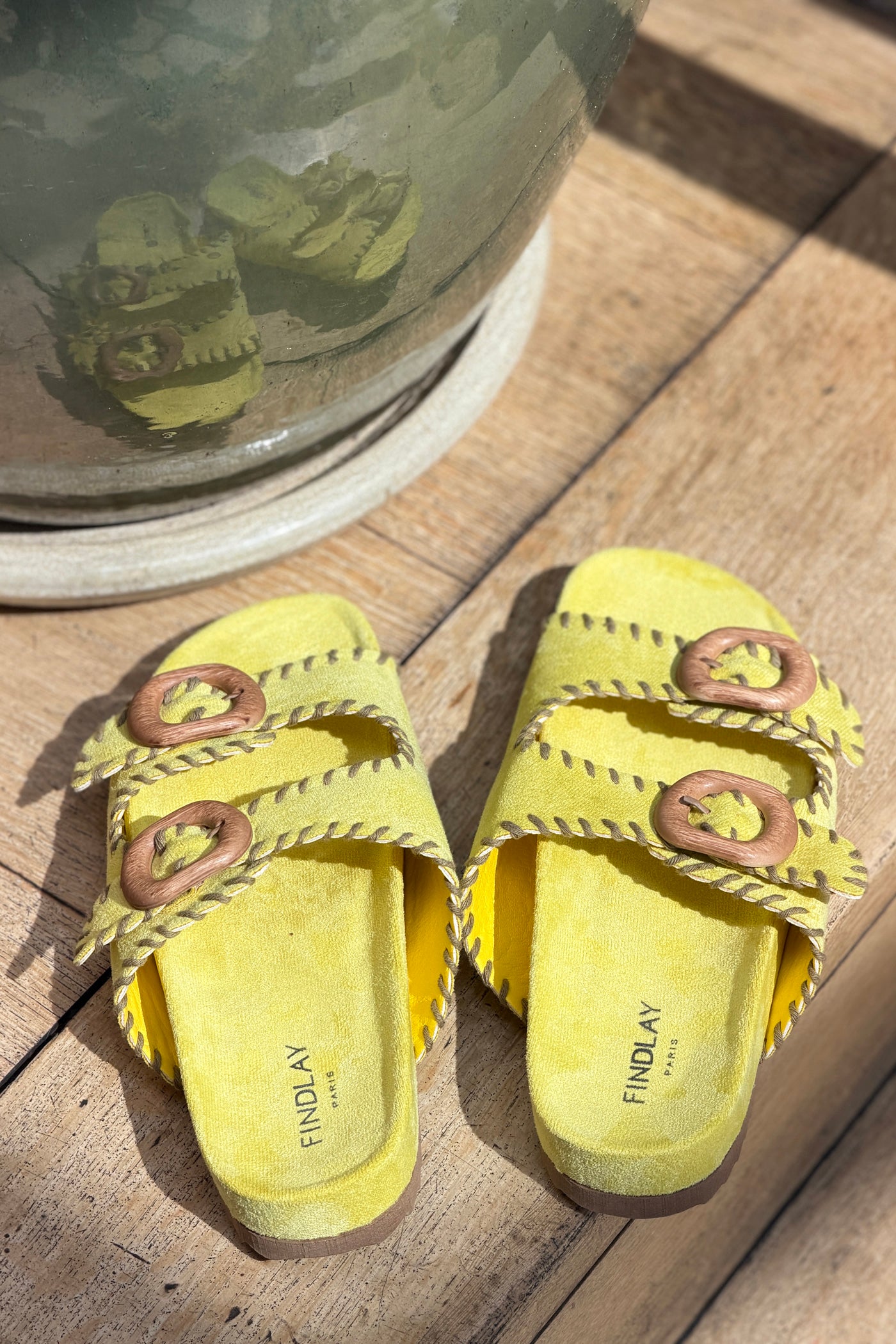 Yellow Suedette Blanket Stitch Buckle Slides