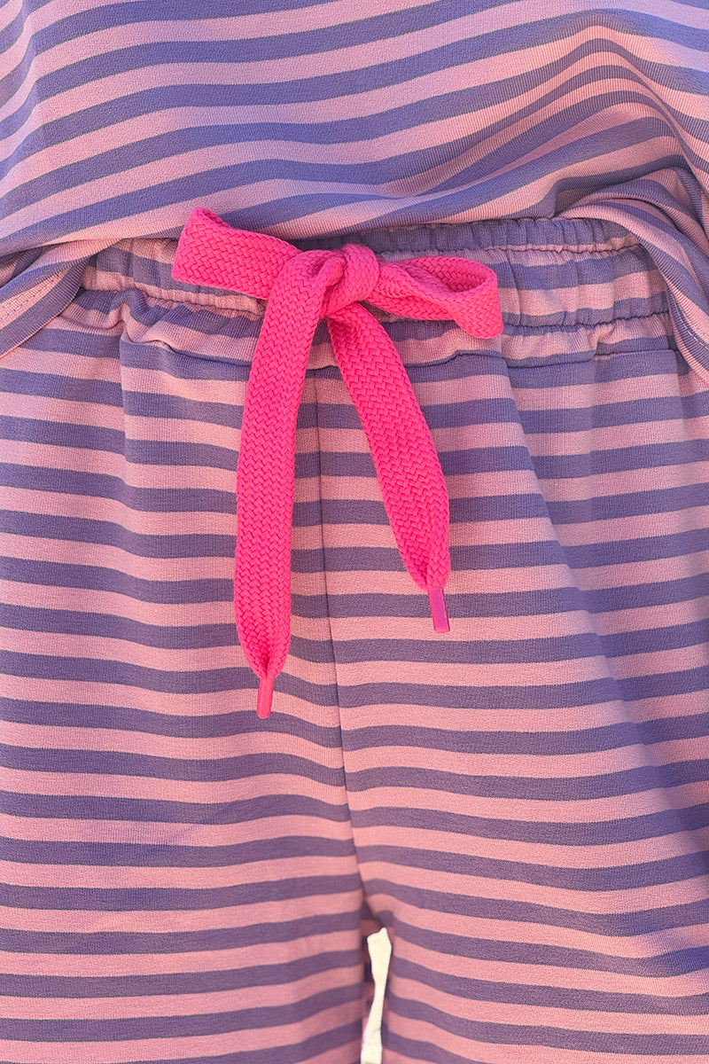 Purple Striped Drawstring Jersey Shorts