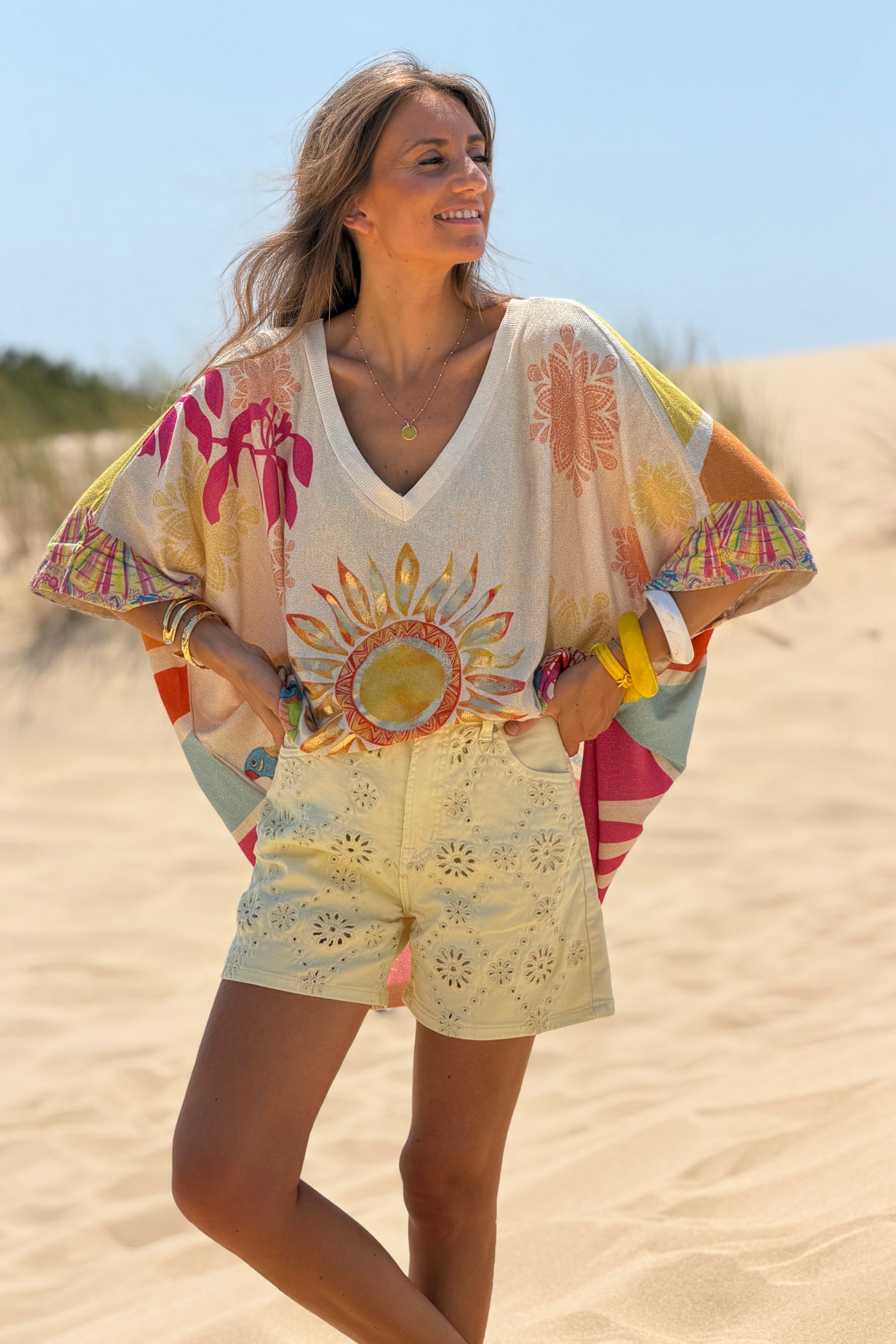 Butter Yellow Eyelet Embroidered Denim Shorts