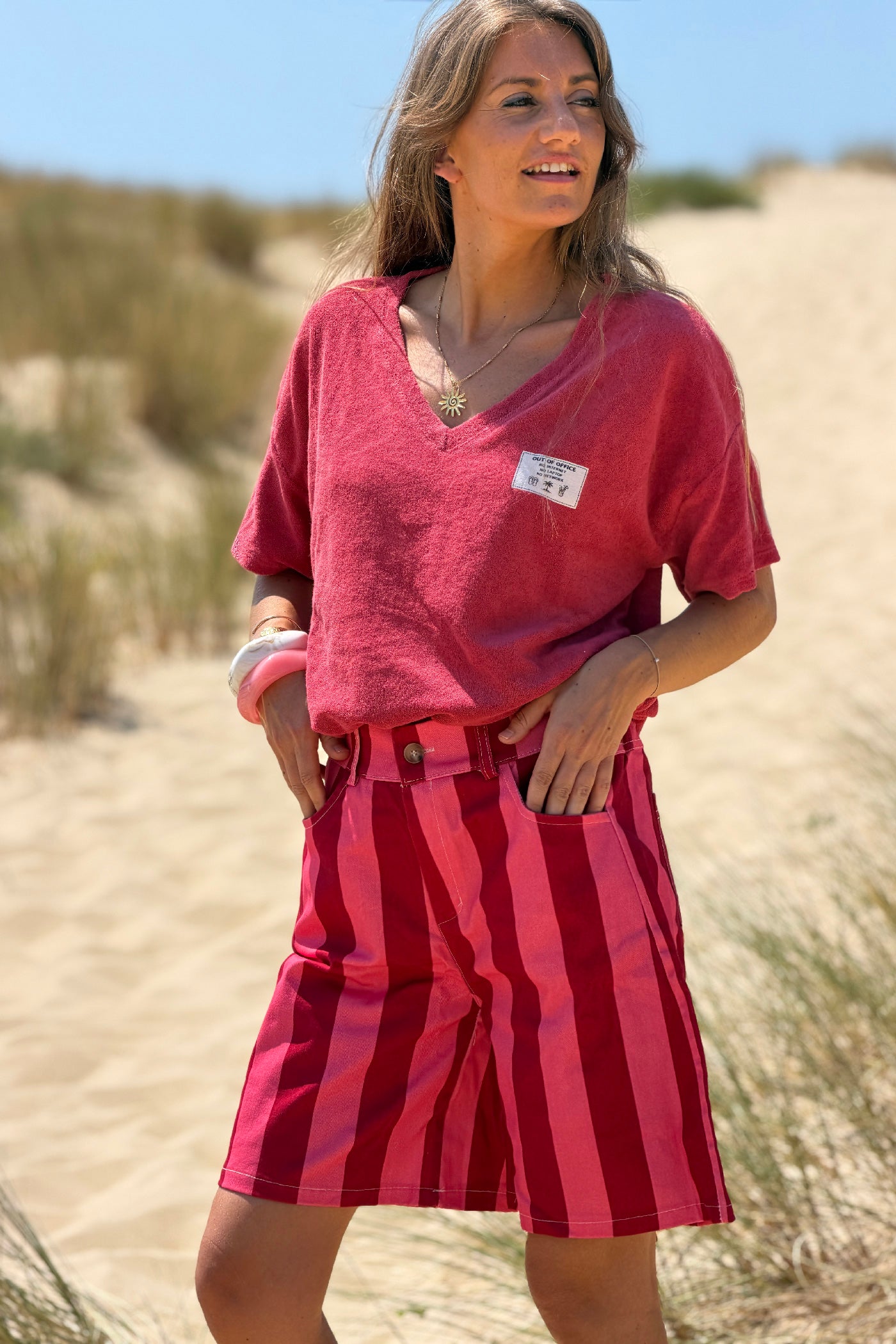 Short long a rayures larges rouge et rose taille élastique