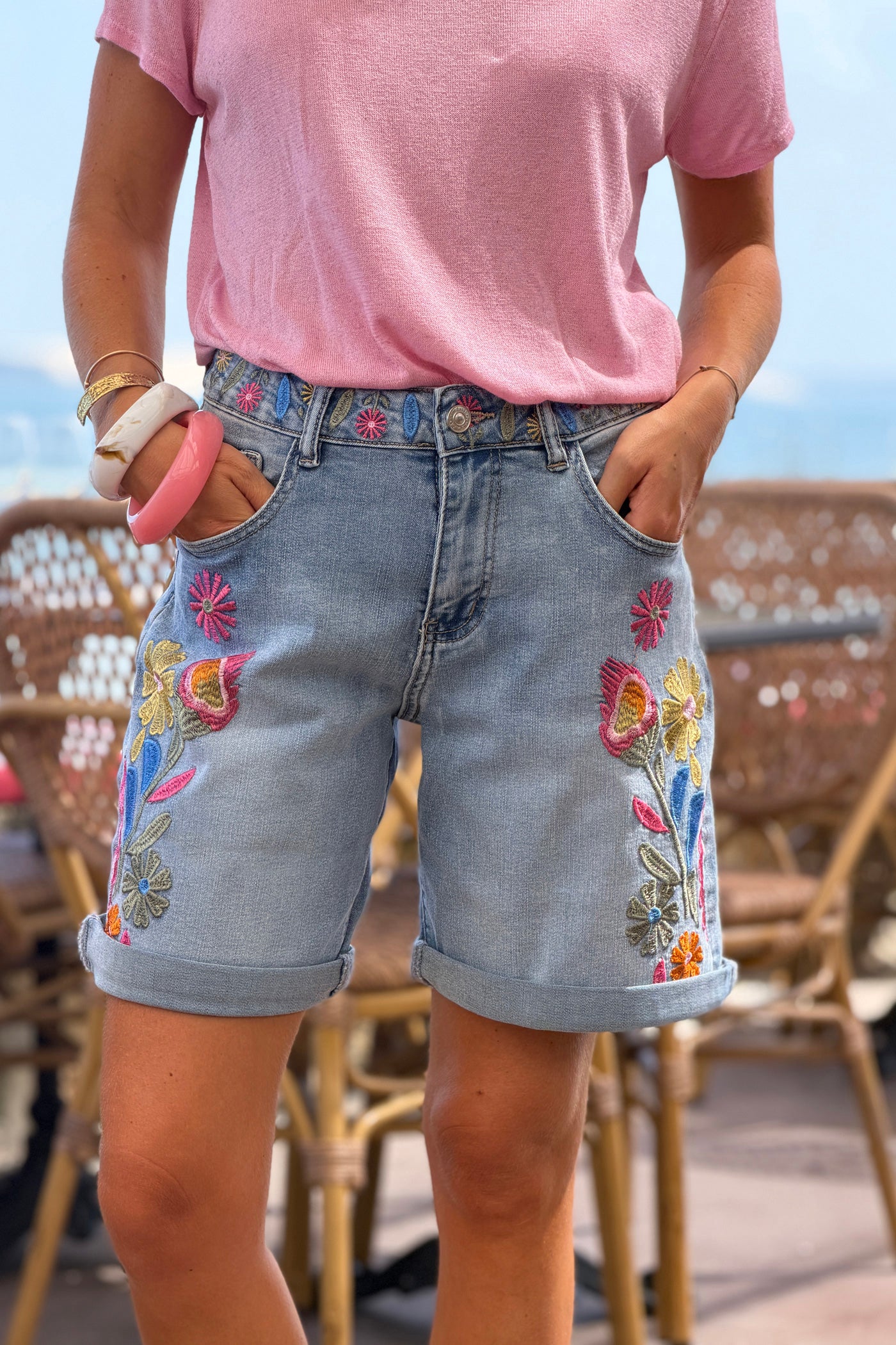 Light Blue Jean Embroidered Flower Garden Jean Shorts
