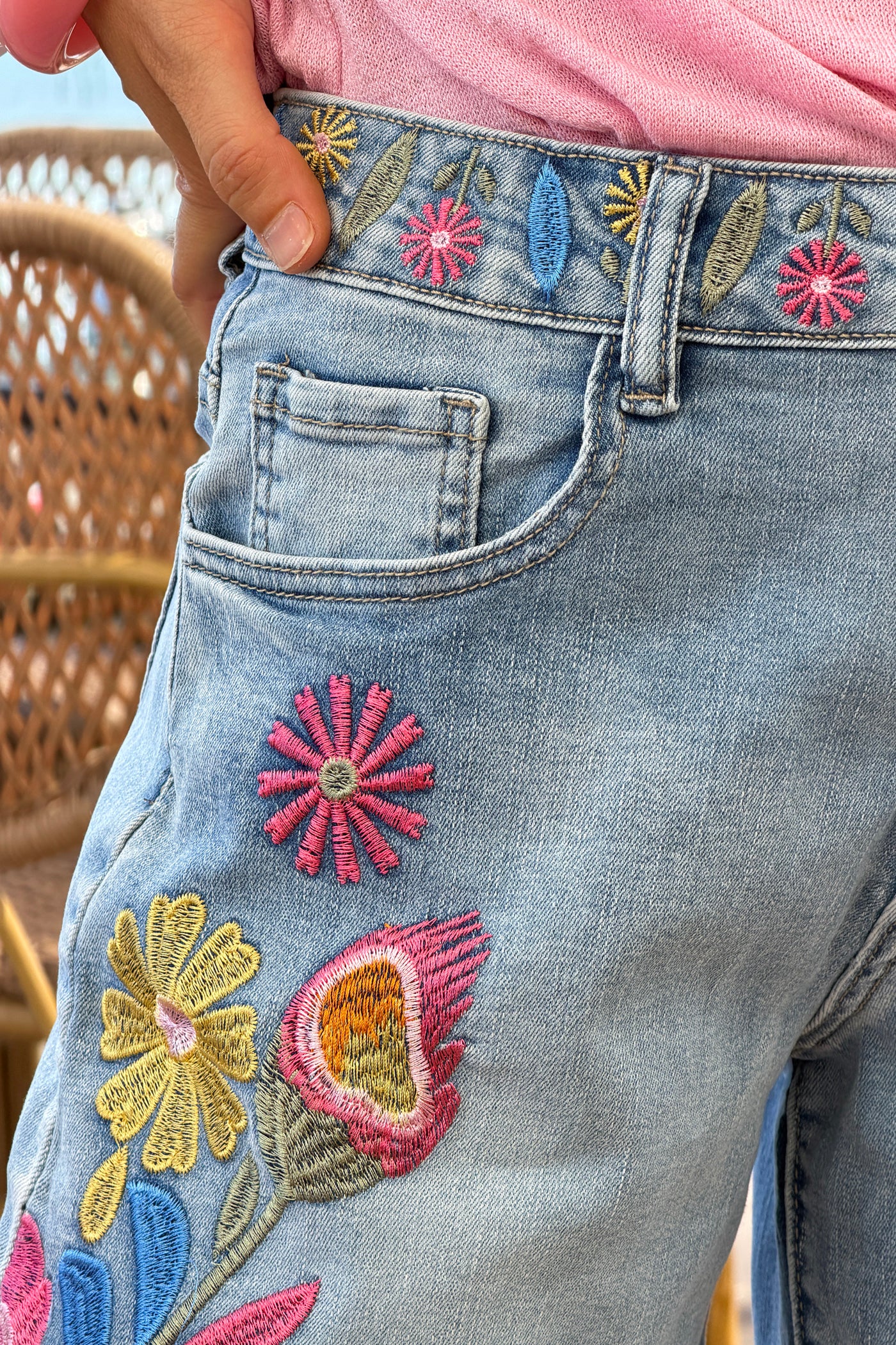 Light Blue Jean Embroidered Flower Garden Jean Shorts
