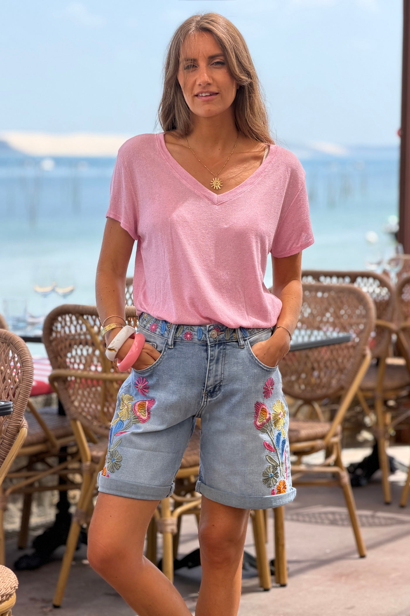 Light Blue Jean Embroidered Flower Garden Jean Shorts
