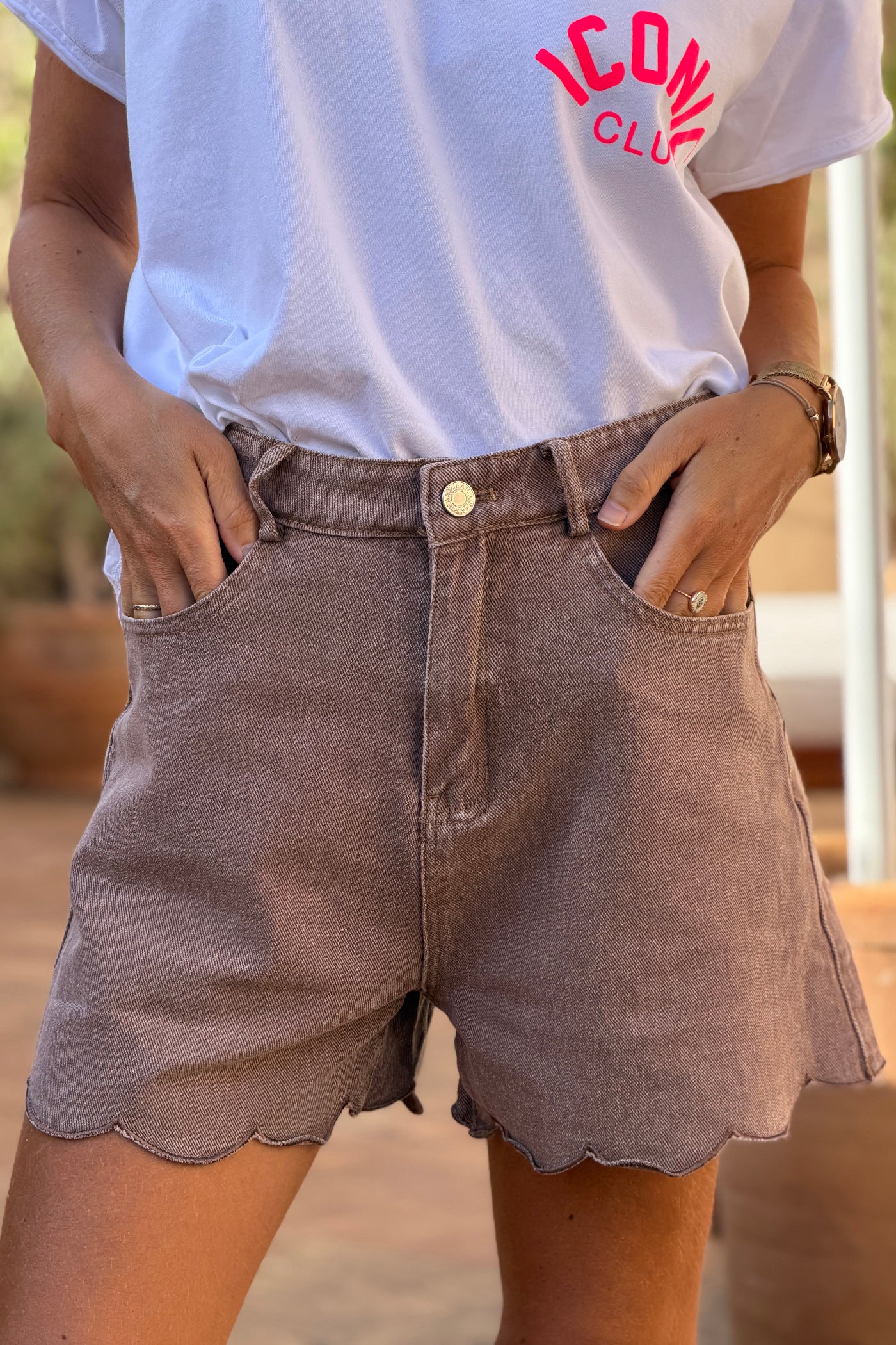 Taupe Denim Scalloped Hem Shorts
