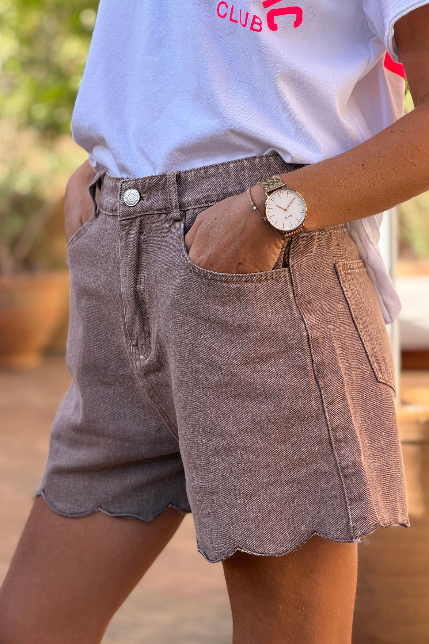 Taupe Denim Scalloped Hem Shorts