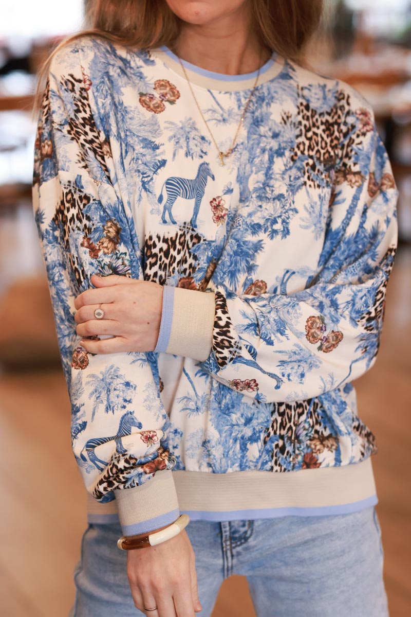 Sudadera cómoda con estampado de jungla azul