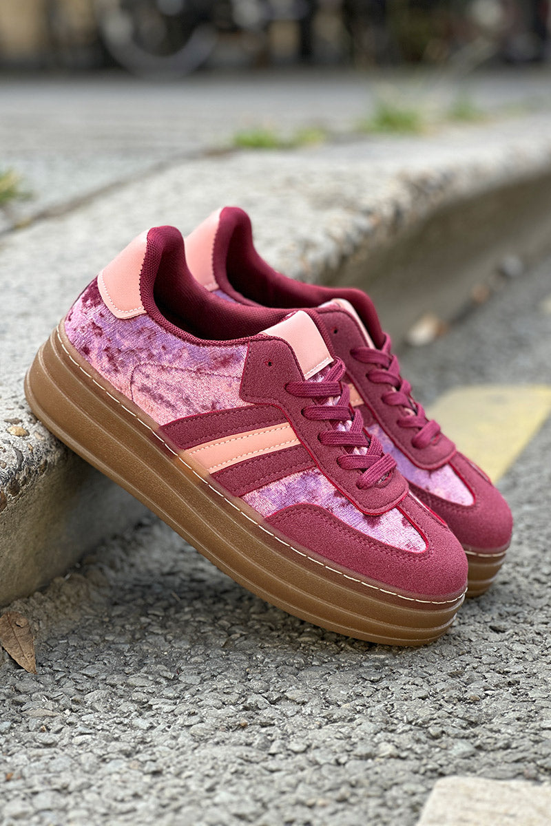Burgundy Velvet and Suede Sport Stripe Sneakers