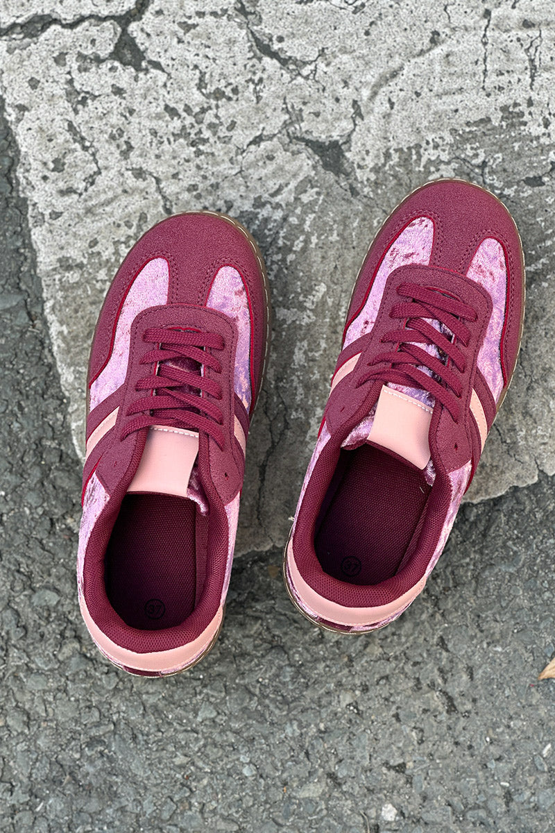 Burgundy Velvet and Suede Sport Stripe Sneakers