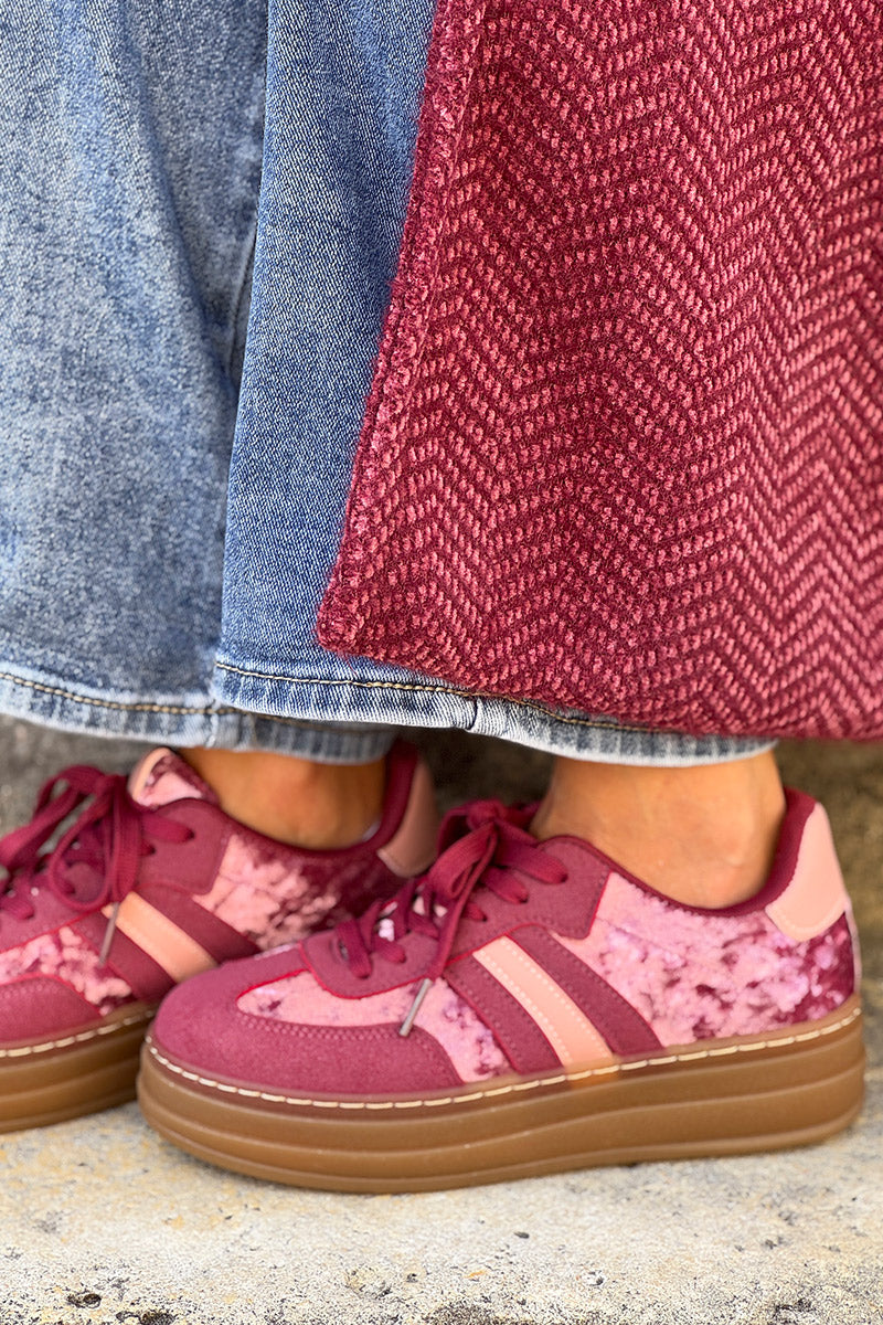 Burgundy Velvet and Suede Sport Stripe Sneakers