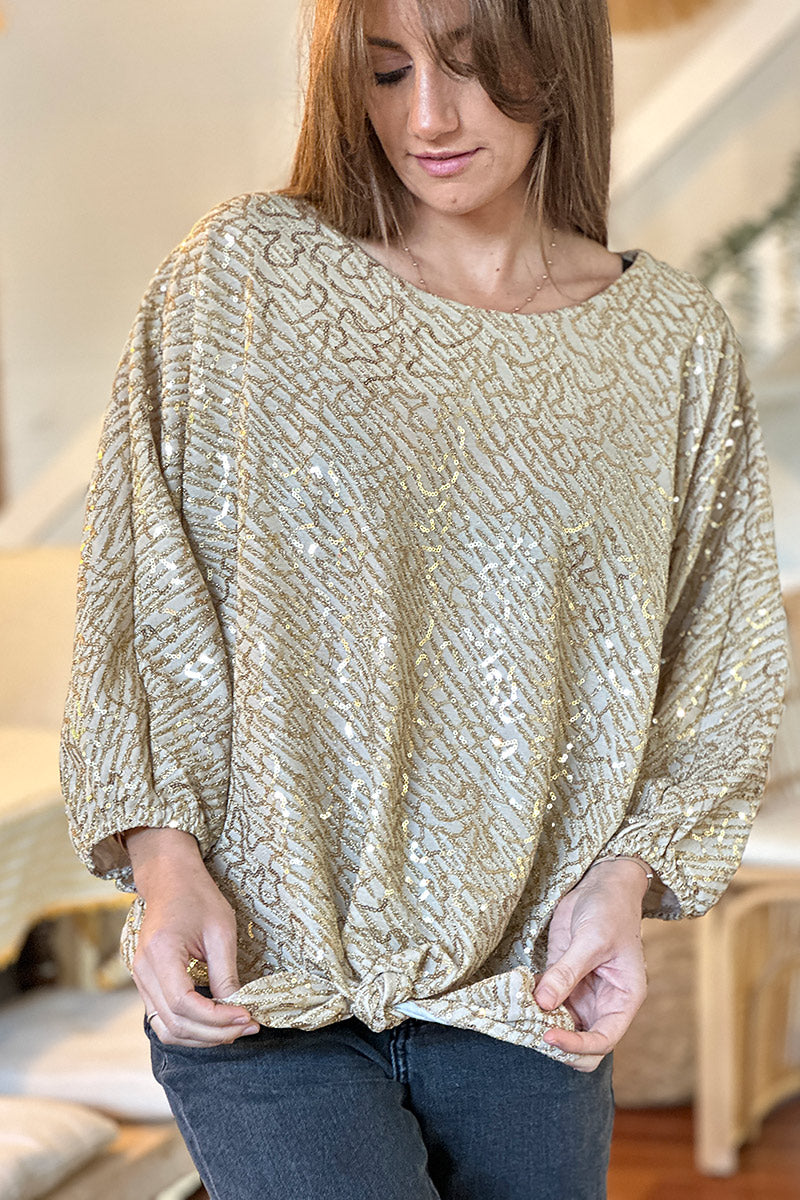 Top beige à sequins dorés à nouer manches chauve souris