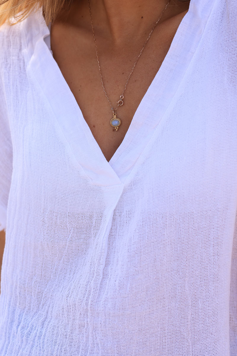 Top blanc mi coton mi lin petites franges