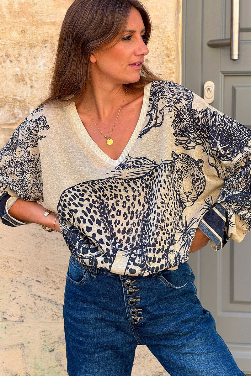 Top brillant beige imprimé léopard toile de jouy jungle bleu marine