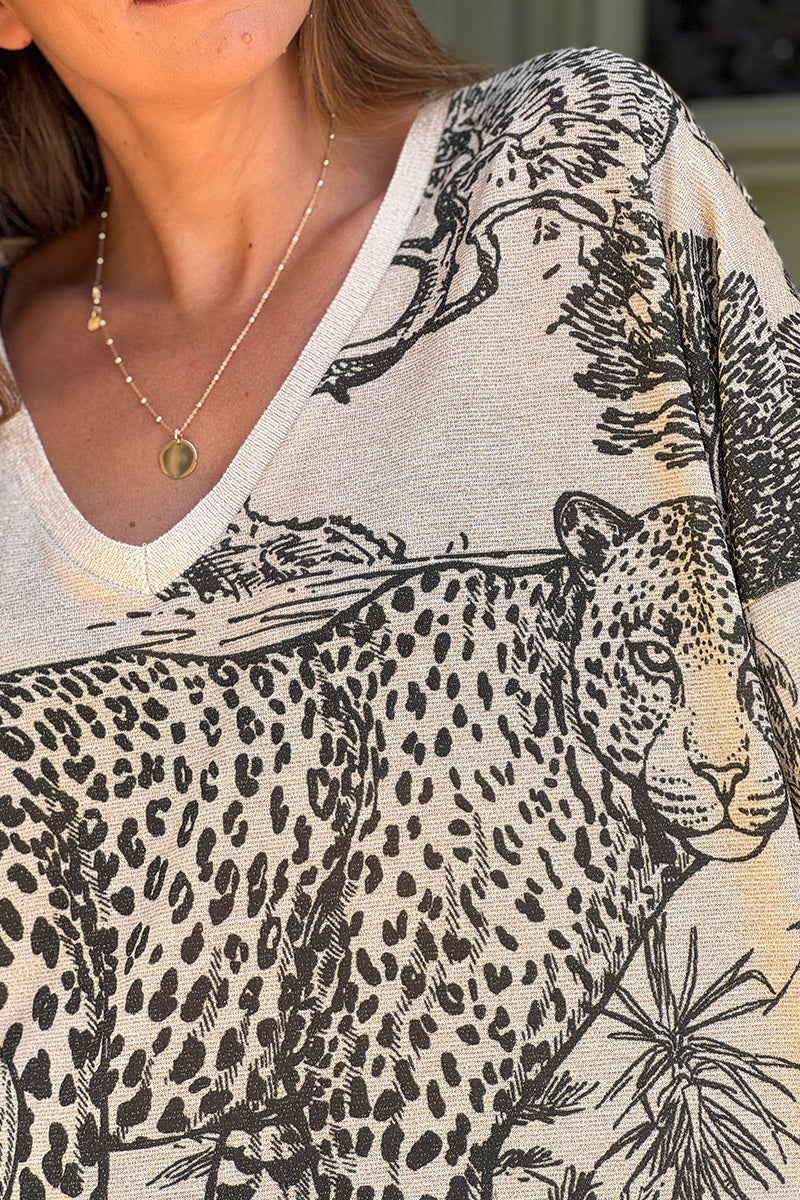 Top brillant beige imprimé léopard toile de jouy jungle kaki