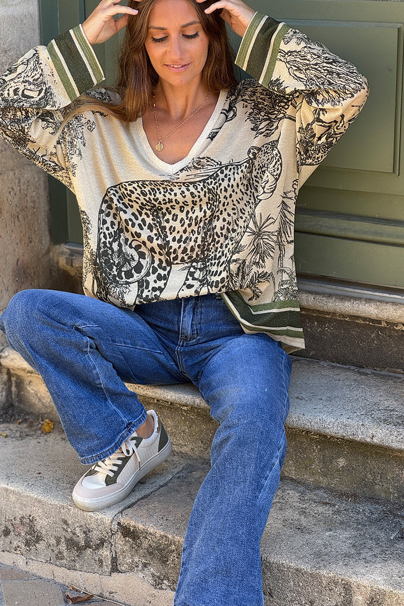 Top brillant beige imprimé léopard toile de jouy jungle kaki