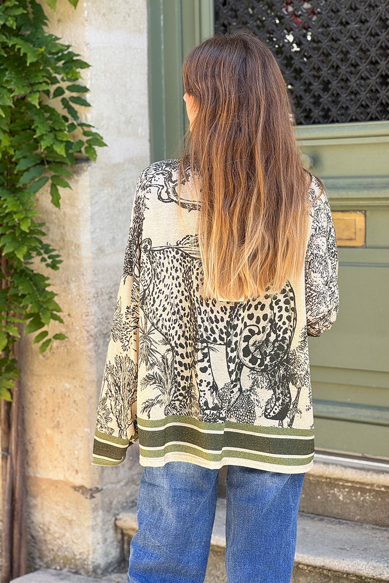 Top brillant beige imprimé léopard toile de jouy jungle kaki