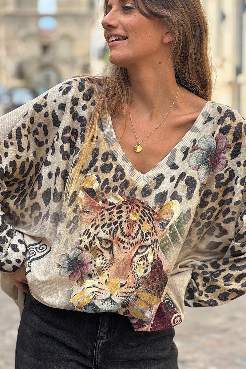 Top brillant beige large à manches longues motif fleurs et tête léopard