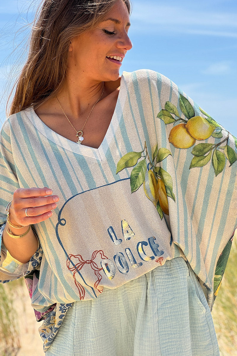 Top large beige brillant imprimé La Dolce Vita rayures turquoise et citrons