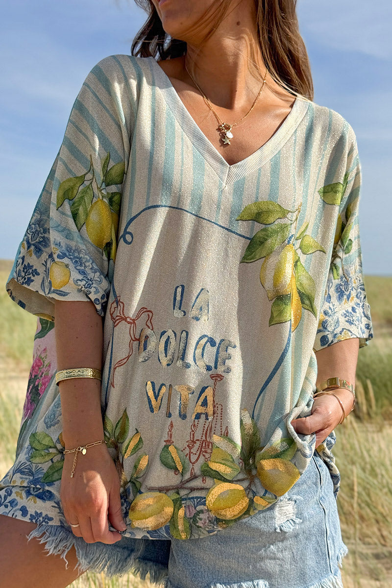 Top large beige brillant imprimé La Dolce Vita rayures turquoise et citrons