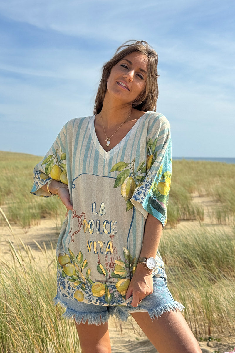 Top large beige brillant imprimé La Dolce Vita rayures turquoise et citrons