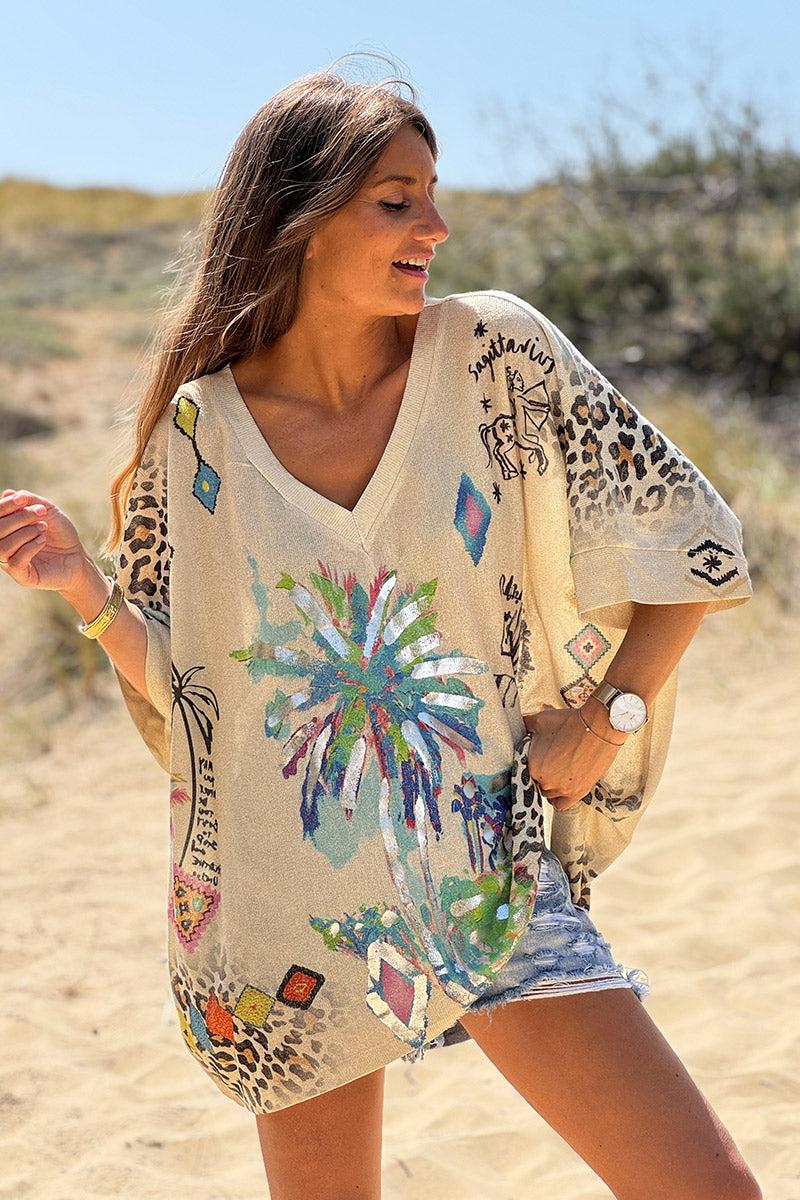 Top large beige brillant imprimé palmier léopard et cheval