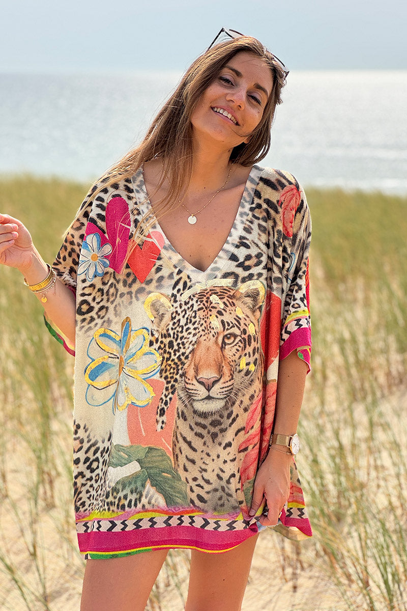 Top large beige brillant imprimé tête léopard fleurs et Positive Vibes