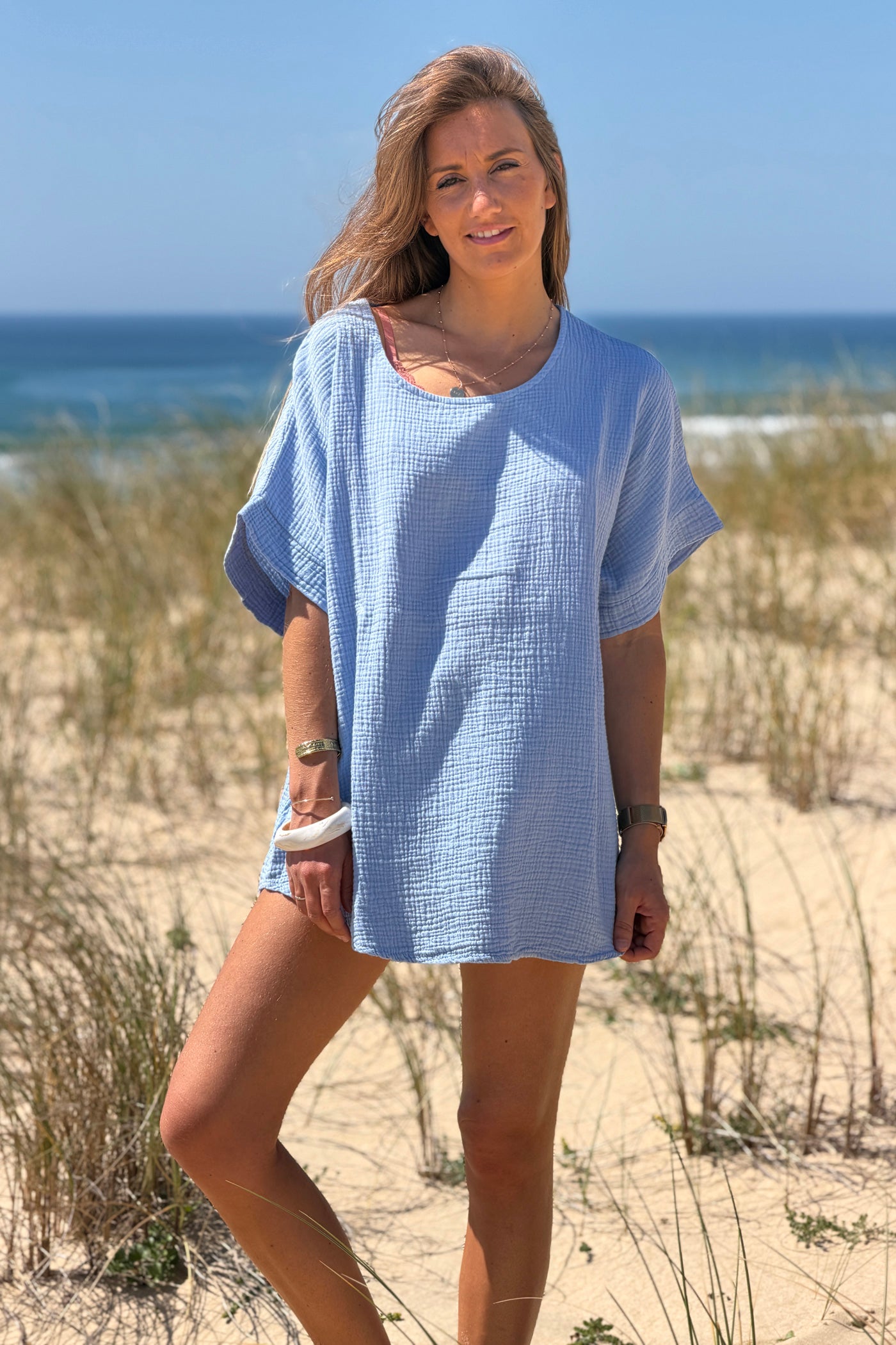 Blue Crinkle Gauze Blouse