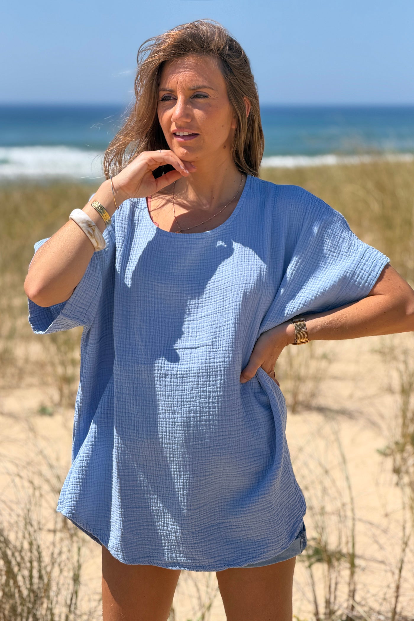 Blue Crinkle Gauze Blouse