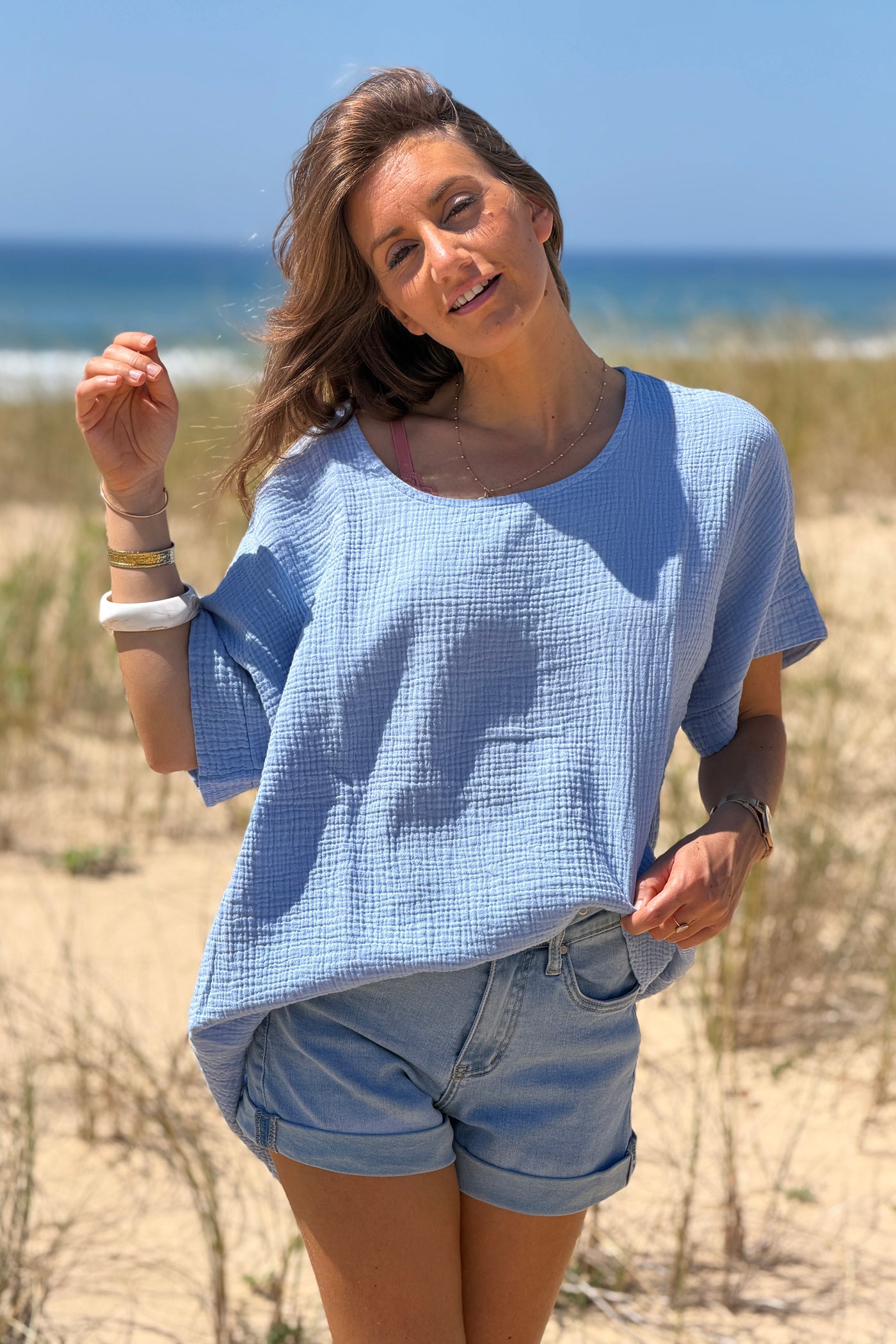 Blue Crinkle Gauze Blouse