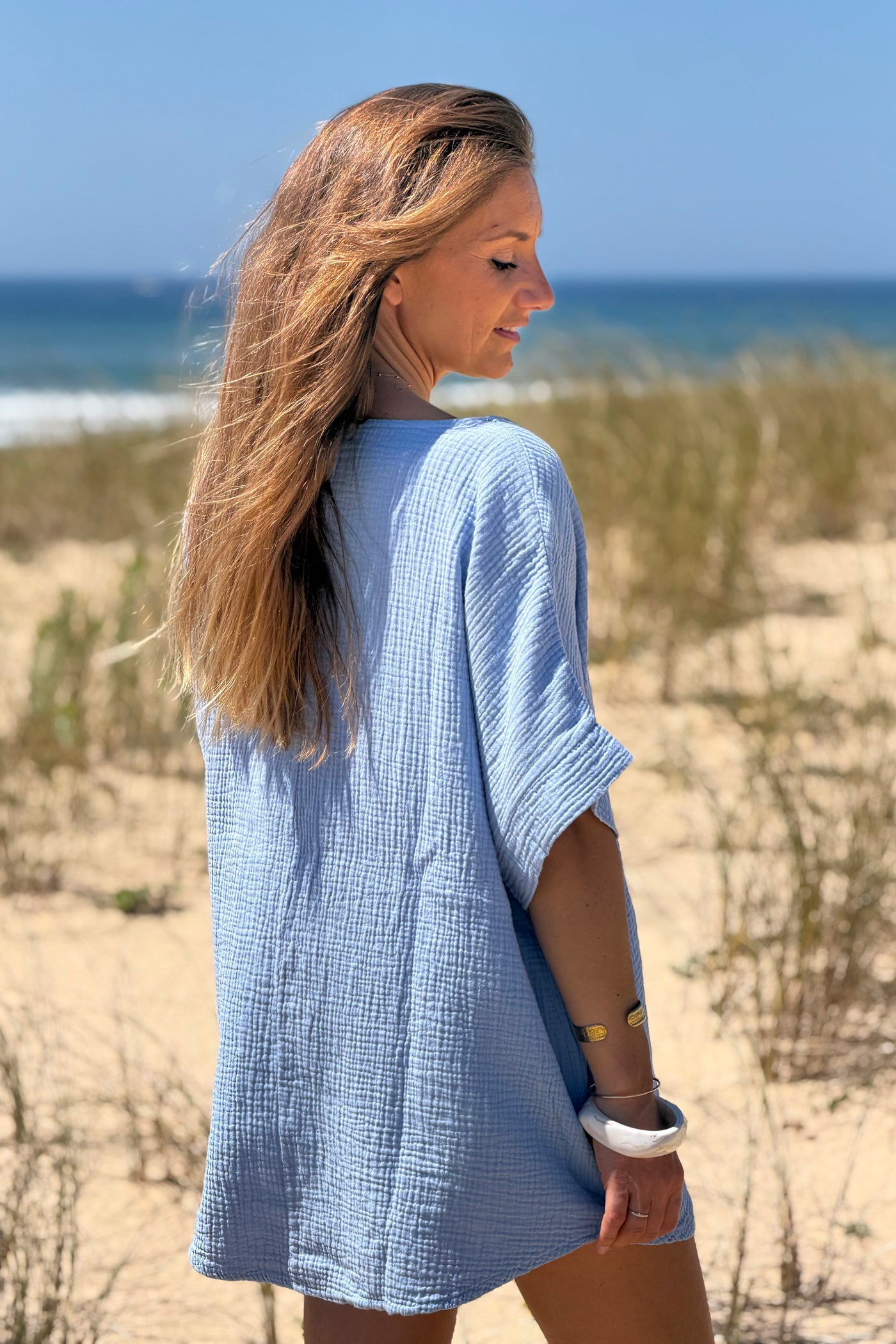 Blue Crinkle Gauze Blouse