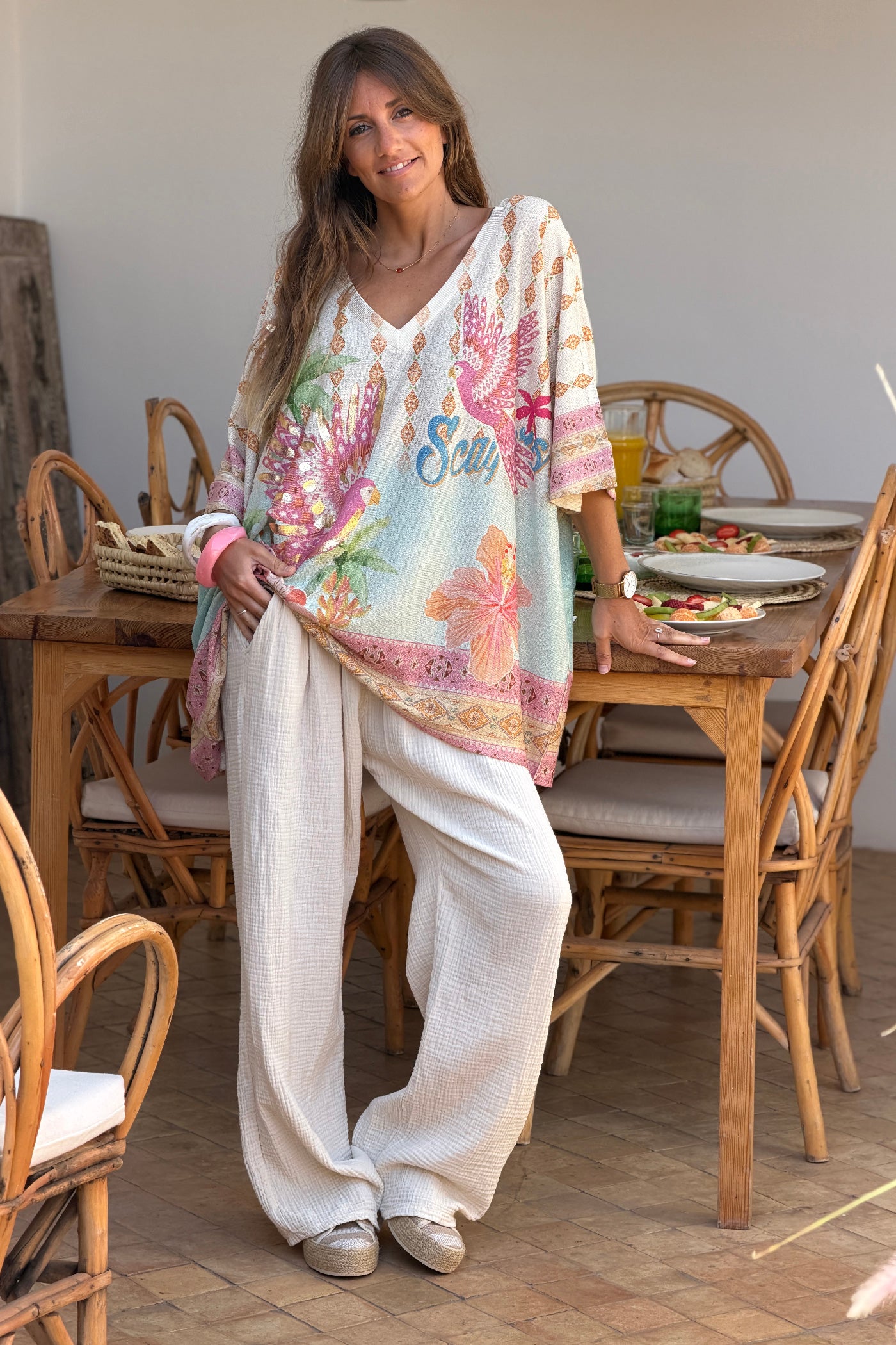 Pink Birds of Paradise Glitter Knit V-Neck Blouse