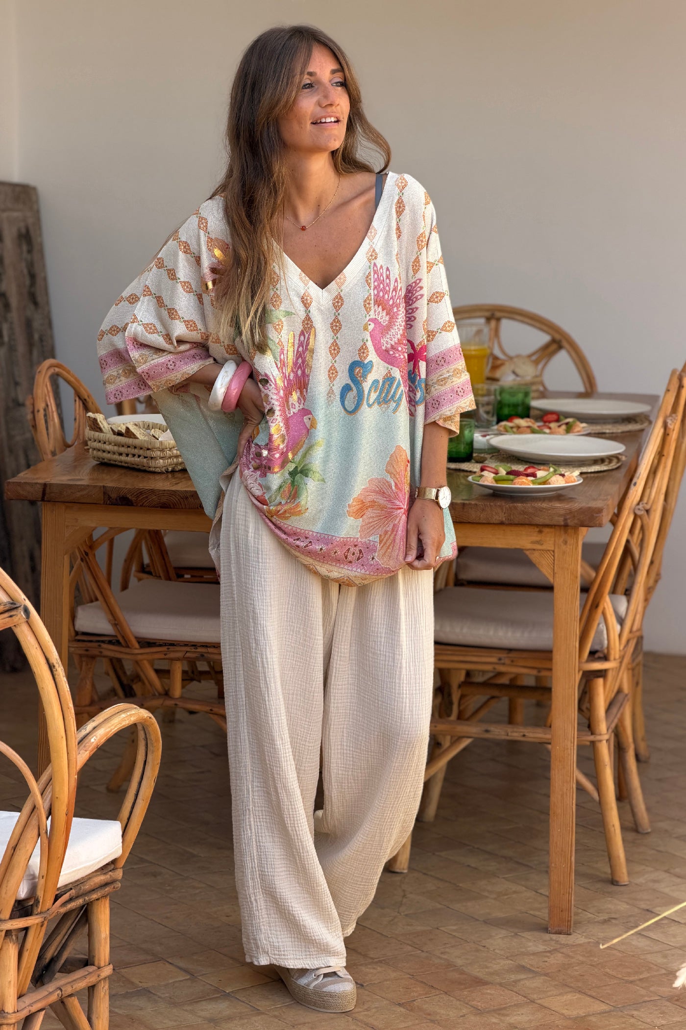 Pink Birds of Paradise Glitter Knit V-Neck Blouse