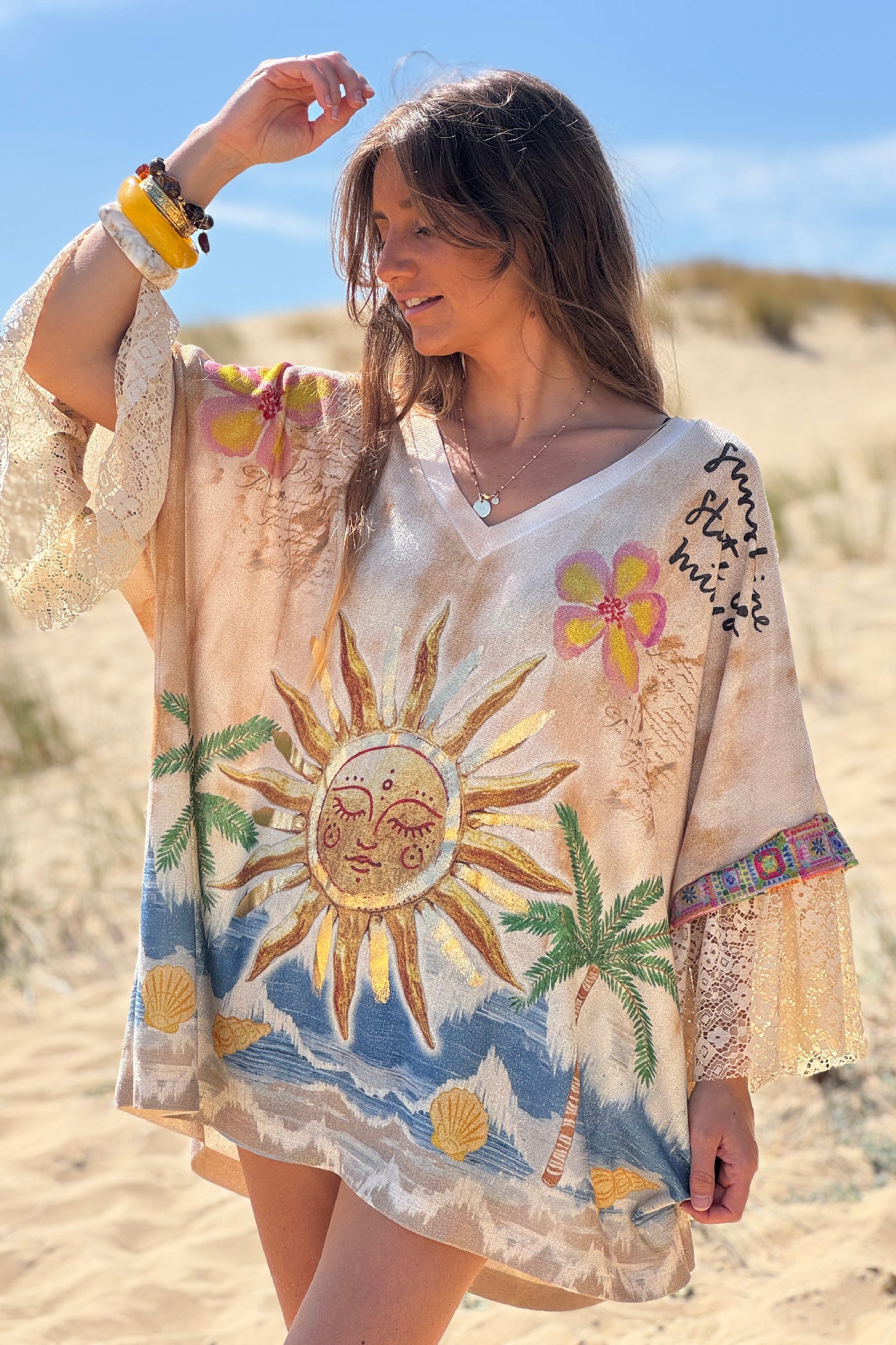 Beige Sun and Sea Lace Sleeve Glitter Knit Top