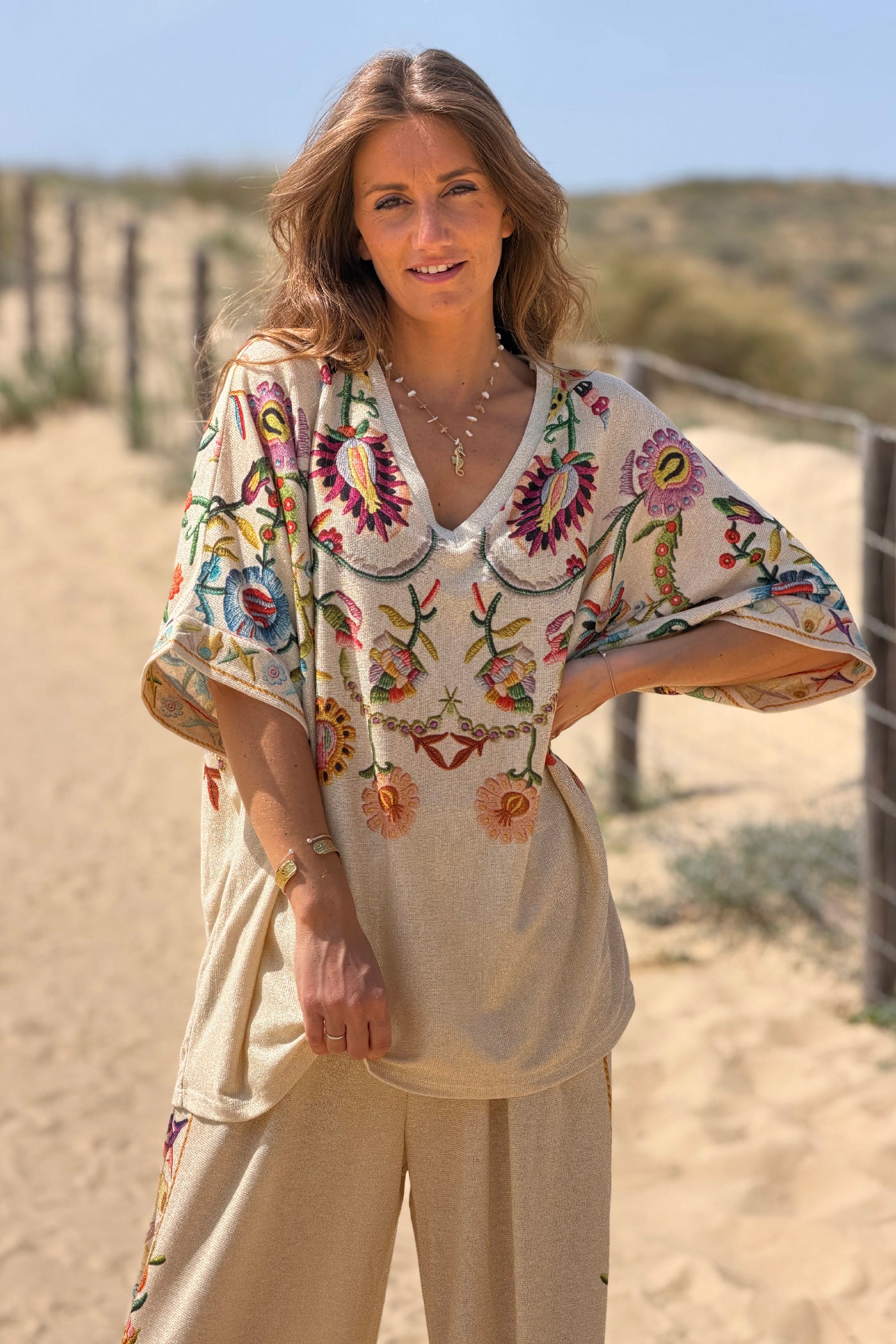 Beige Embroidered effect Folk Garden V-Neck Tunic

