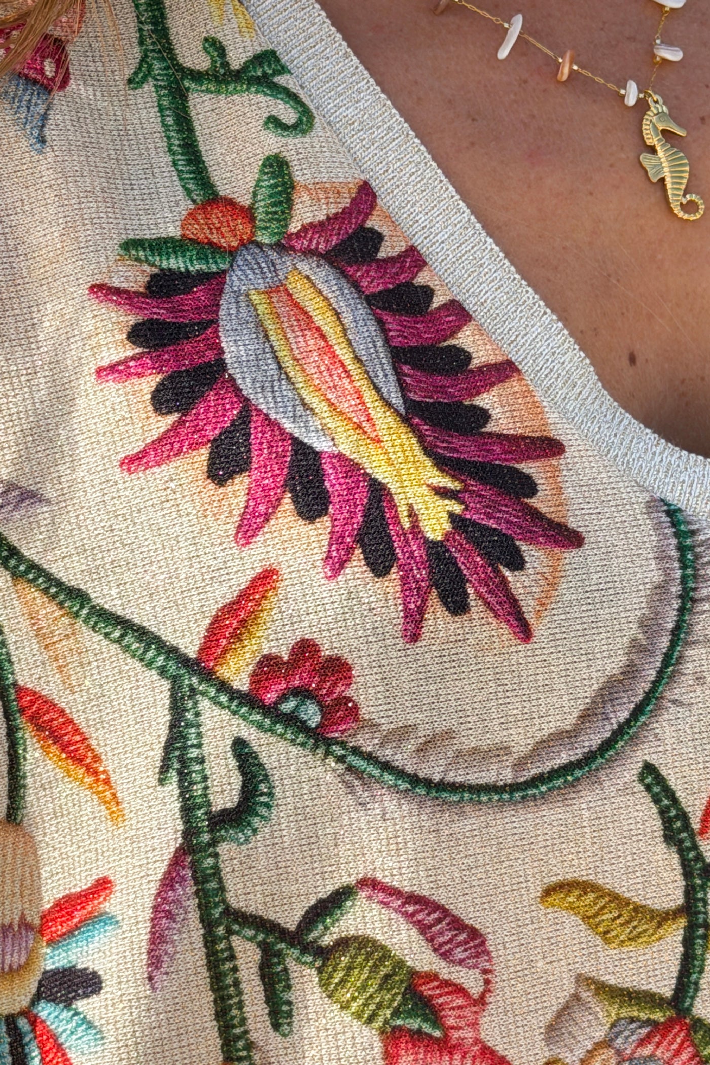Beige Embroidered effect Folk Garden V-Neck Tunic

