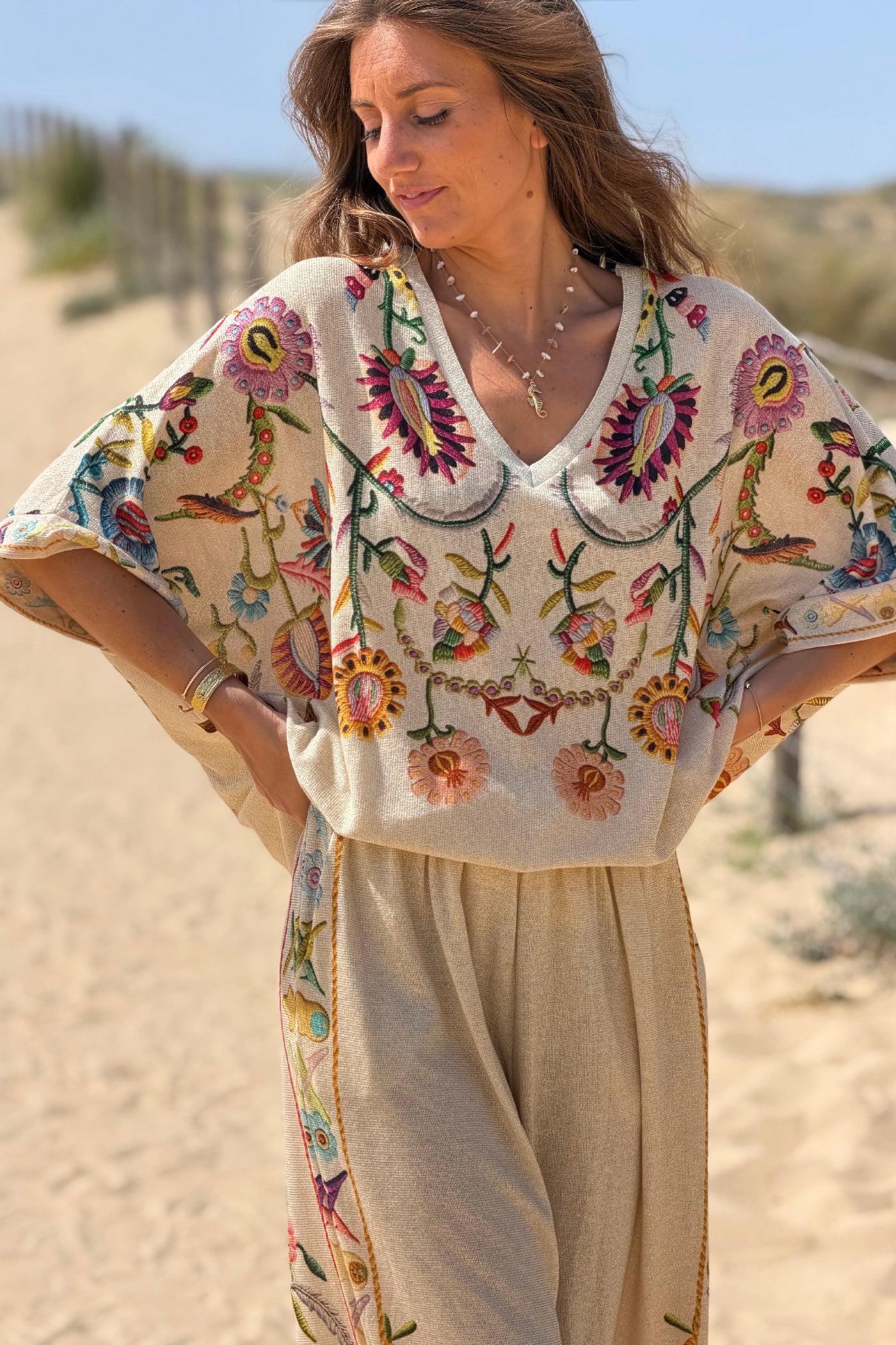 Beige Embroidered effect Folk Garden V-Neck Tunic


