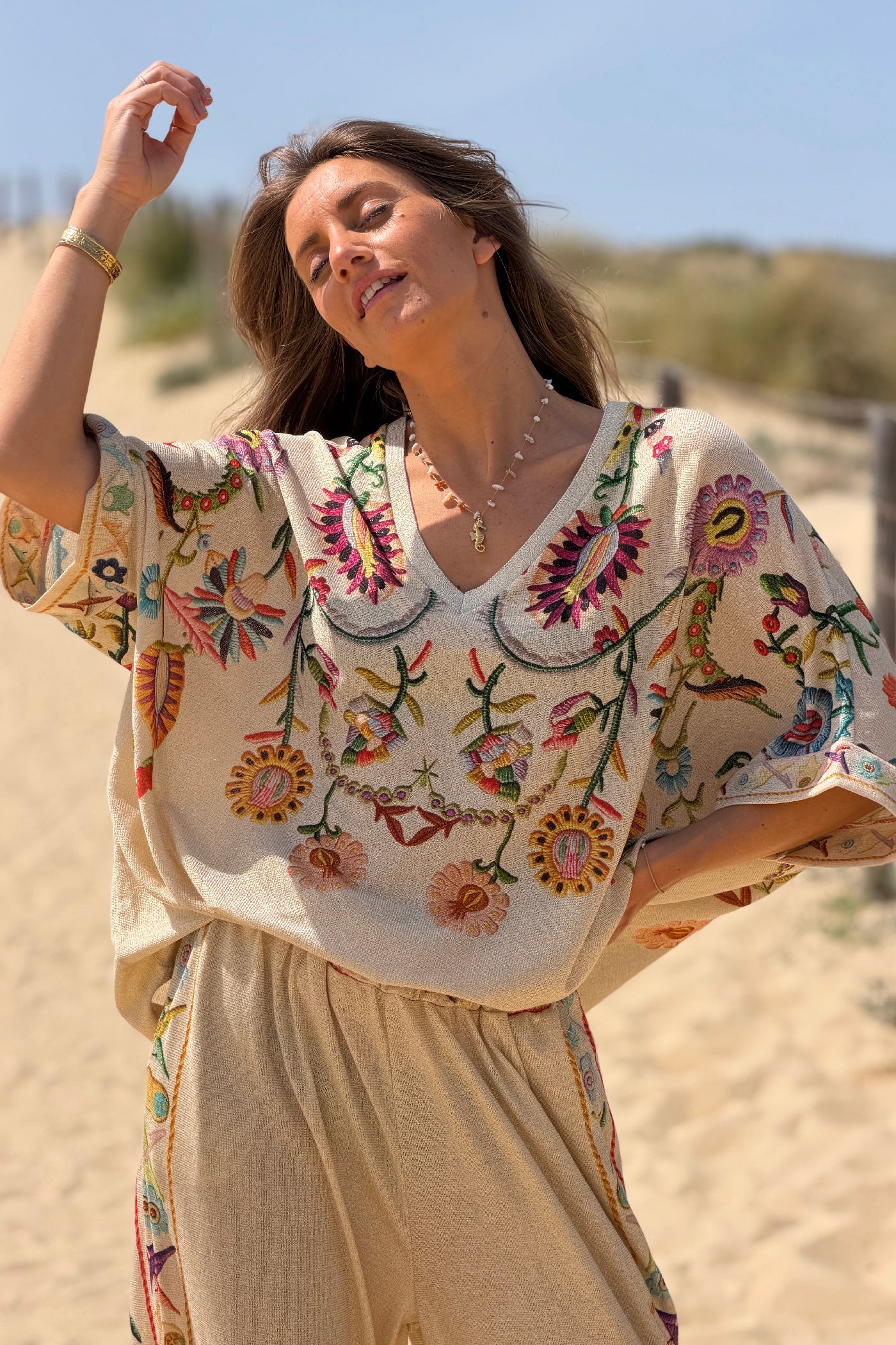 Beige Embroidered effect Folk Garden V-Neck Tunic

