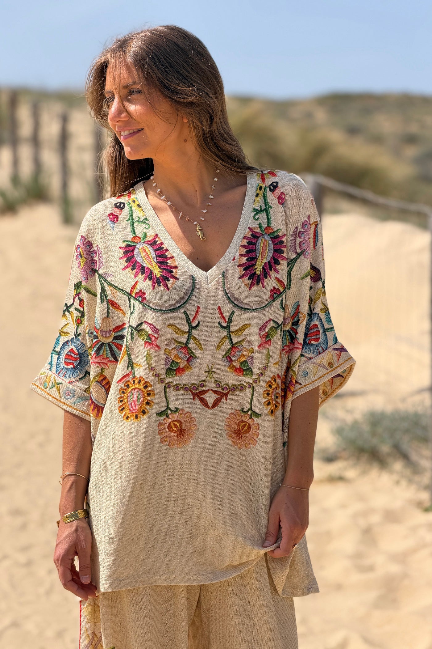 Beige Embroidered effect Folk Garden V-Neck Tunic

