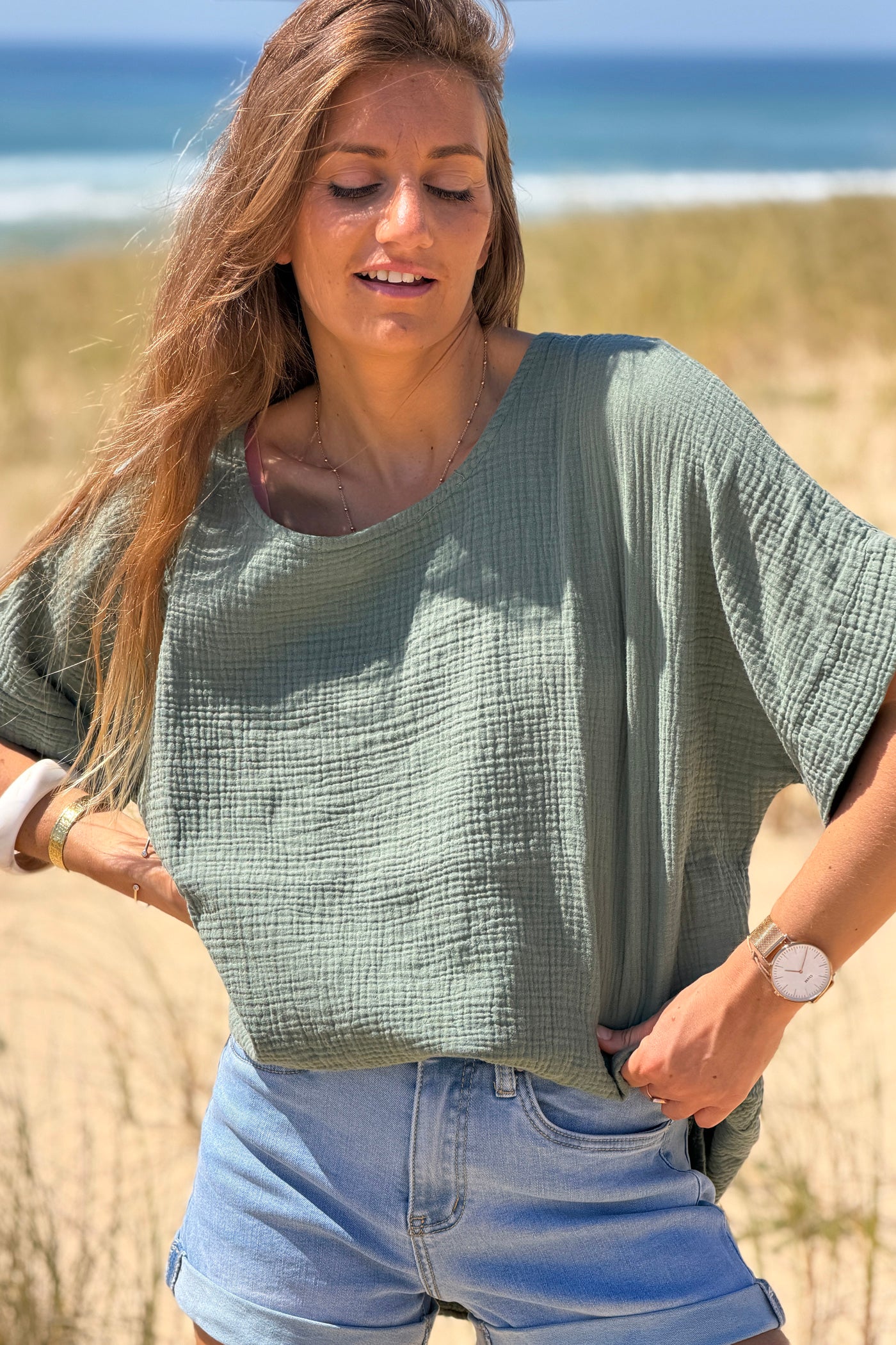 Olive Crinkle Gauze Blouse