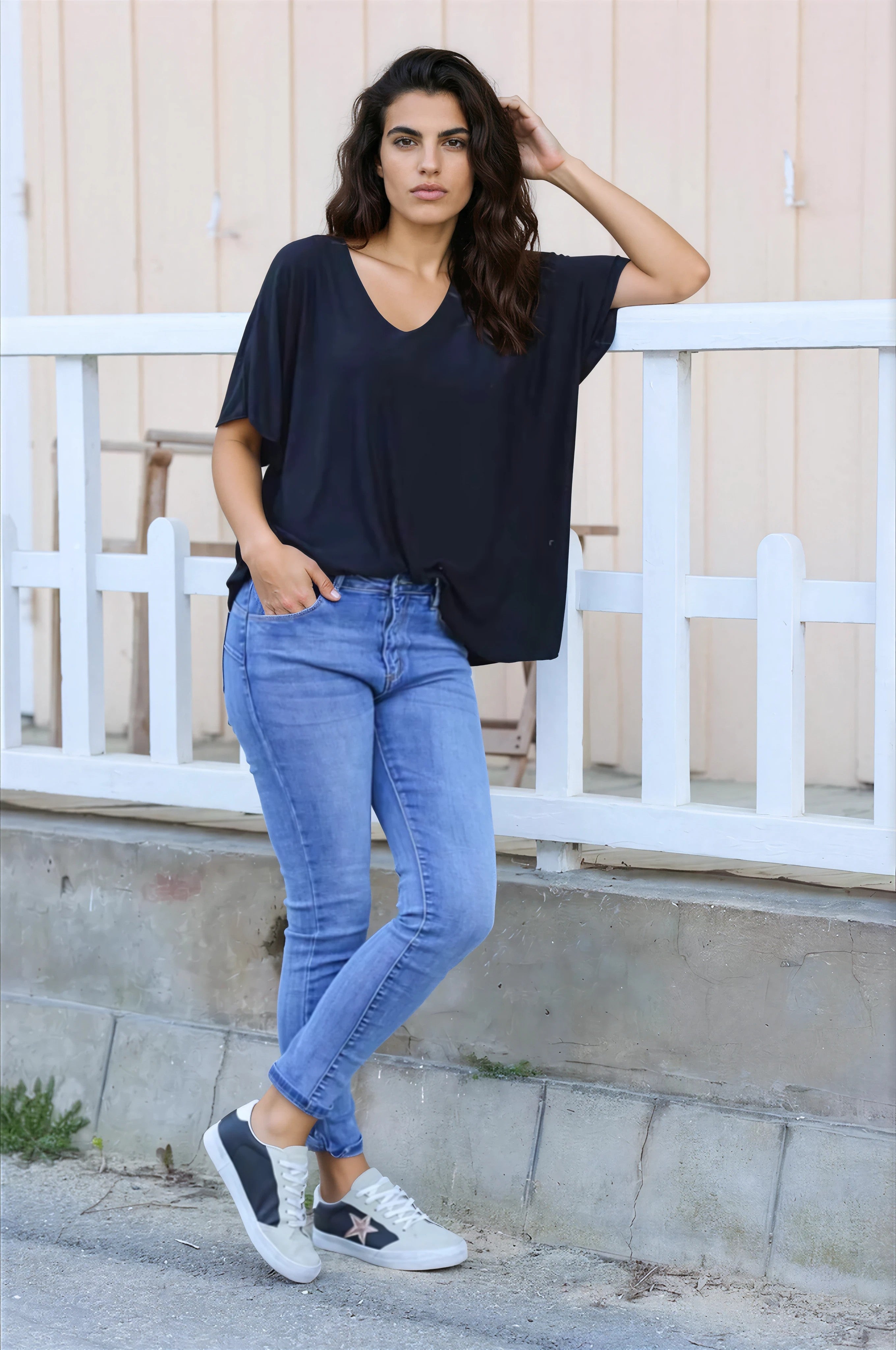 Relaxed fit black v-neck top