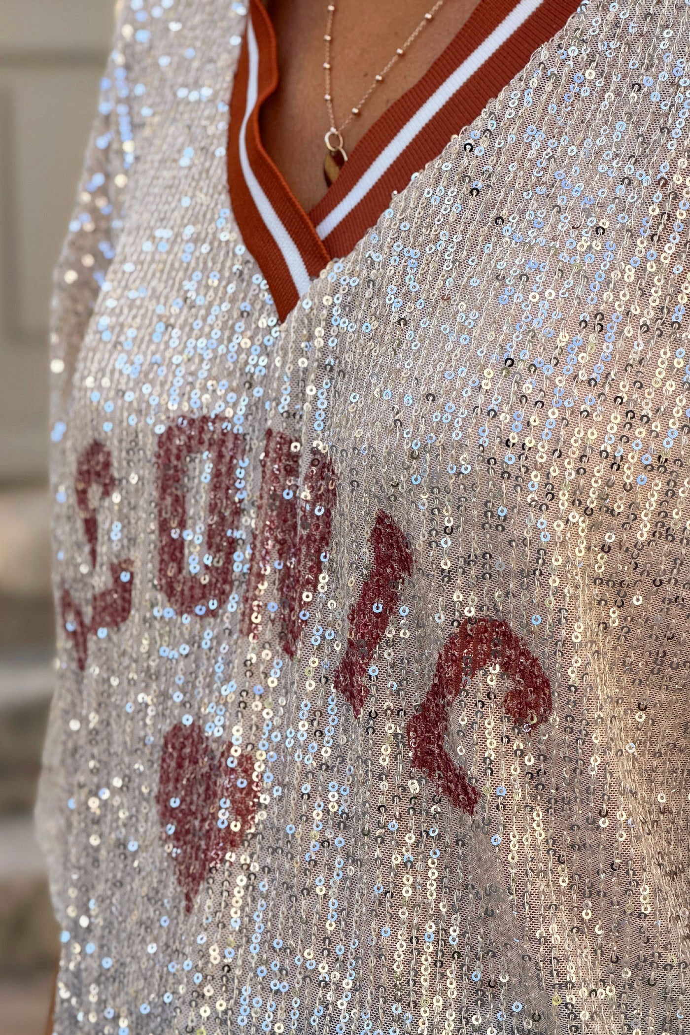 Rust Iconic Mini Sequin Knit Varsity Top