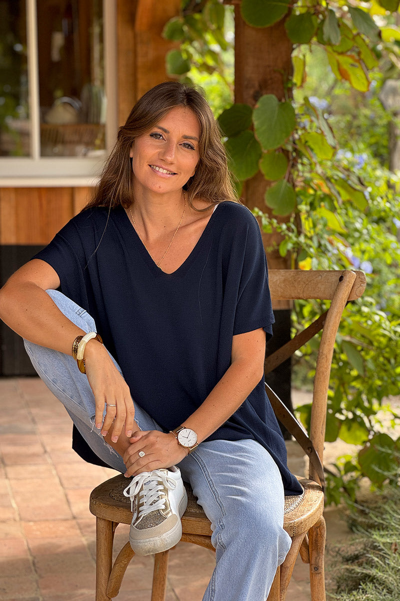 Navy Slouchy V-Neck Soft Knit Blouse