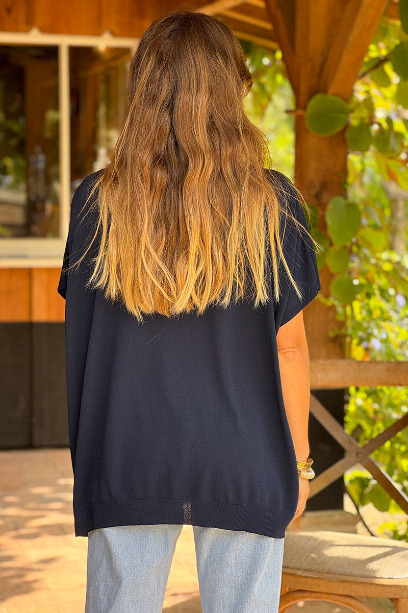 Navy Slouchy V-Neck Soft Knit Blouse